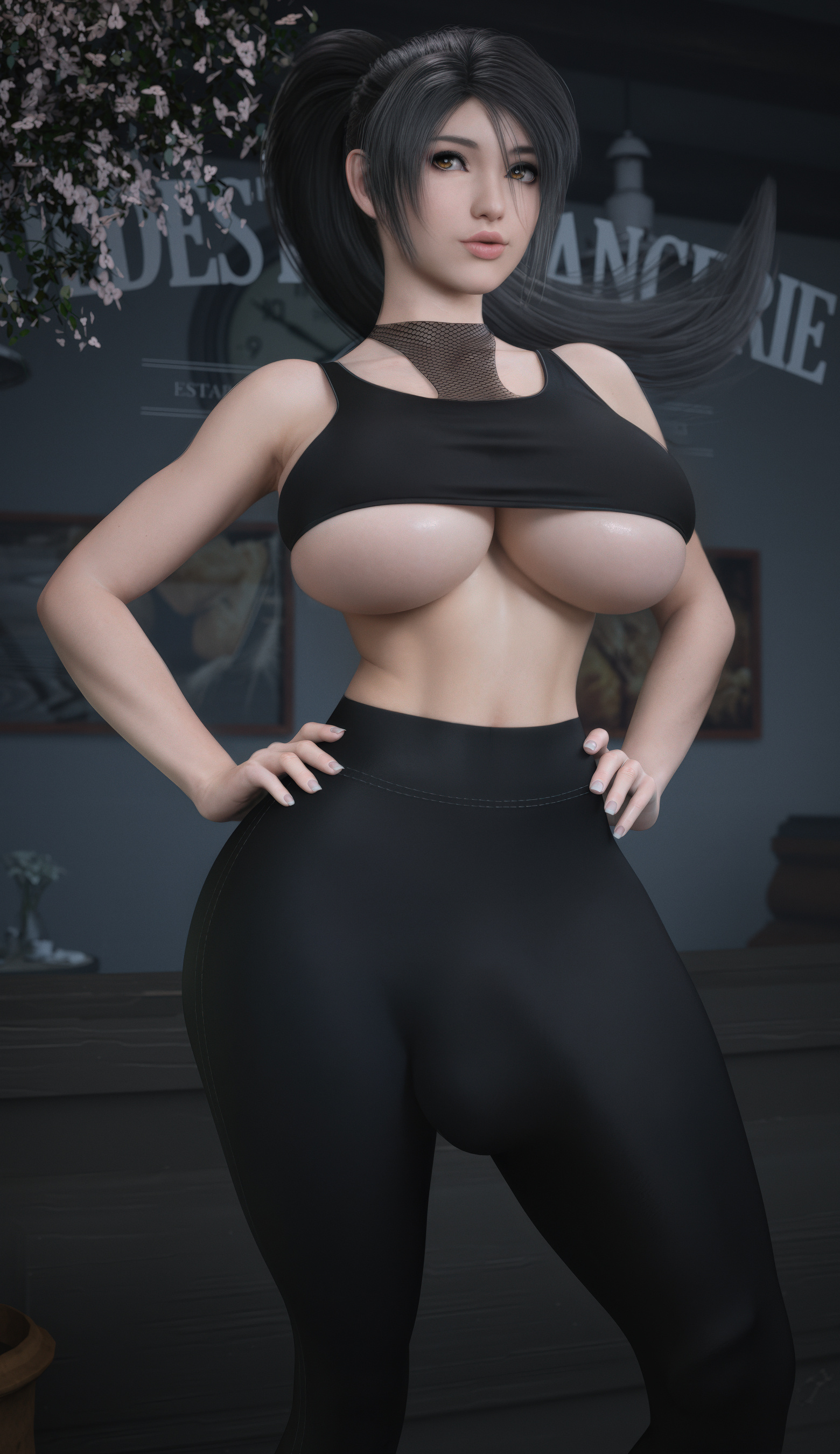 1futa, 3d, 3d (artwork), armpit, balls, barely contained breasts, big balls, big breasts, black clothing, black hair, breasts, bulge, bulge down leg, bulge through clothing, bulge under clothes, cameltail, clothing, dead or alive, duplicate, fully clothed, futa only, futanari, hands on hips, huge breasts, huge cock, intersex, leggings, lipstick, long hair, momiji (ninja gaiden), mostly clothed, ninja gaiden, penis, ponytail, pose, repost, solo, standing, stevencarson, underboob, yellow eyes, yoga pants
