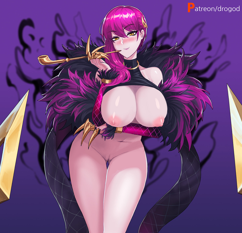 1girls, big breasts, breasts, drogod (artist), evelynn, female, female only, k/da evelynn, k/da series, league of legends, nipples, pipe, purple hair, pussy, solo
