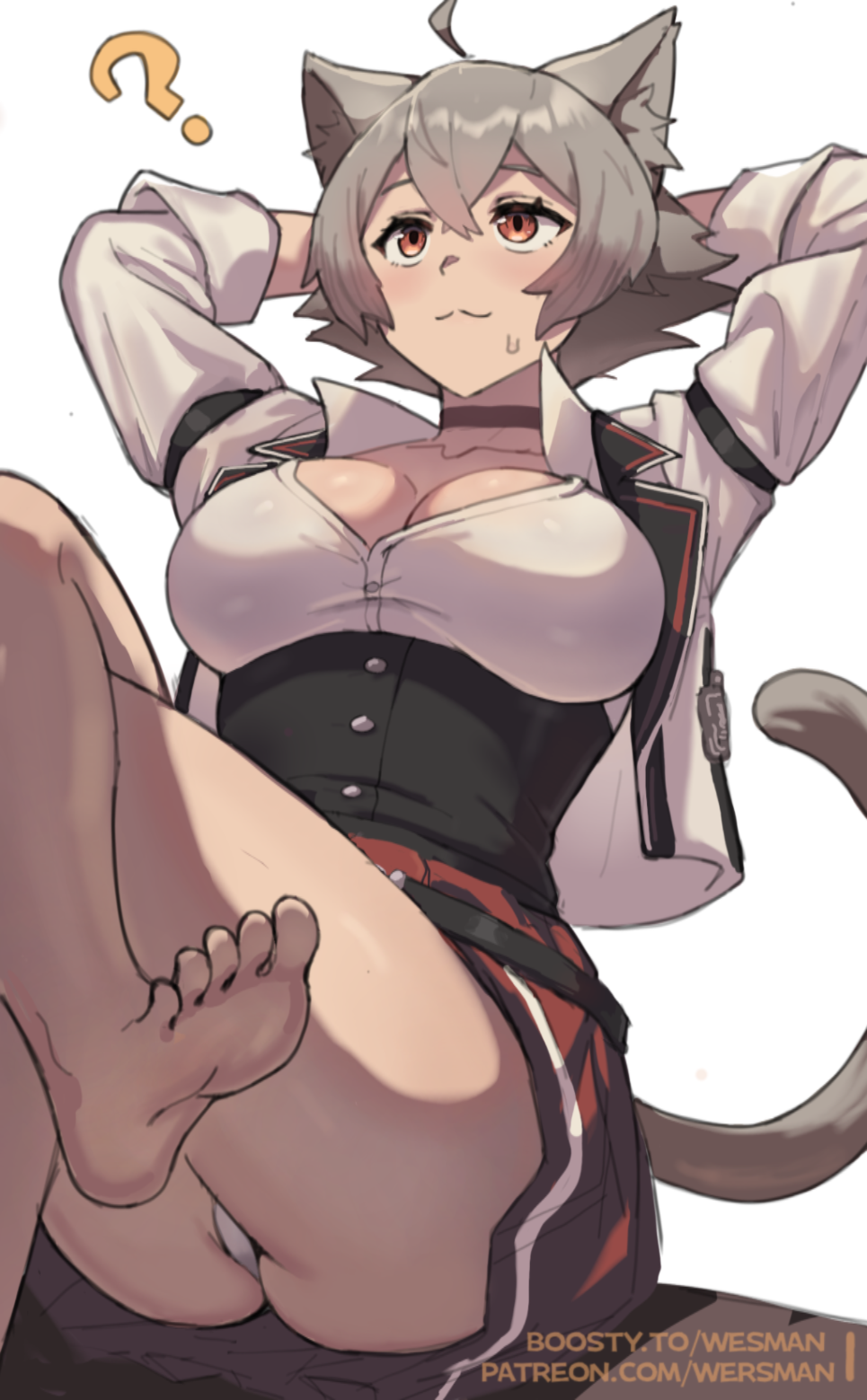 ? ahoge animal_ears barefoot boosty_username breasts brown_corset cat_ears cat_girl cat_tail choker cleavage closed_mouth commentary corset cropped_jacket crossed_legs female grey_hair hair_between_eyes highres jacket large_breasts linia_dedoldia looking_up mushoku_tensei open_clothes open_jacket panties patreon_username ranoa_magic_academy_school_uniform red_eyes red_skirt rinia_dedoldia school_uniform shirt short_hair simple_background skirt smile solo tail thighs toes underwear web_address wersman white_background white_jacket white_panties white_shirt