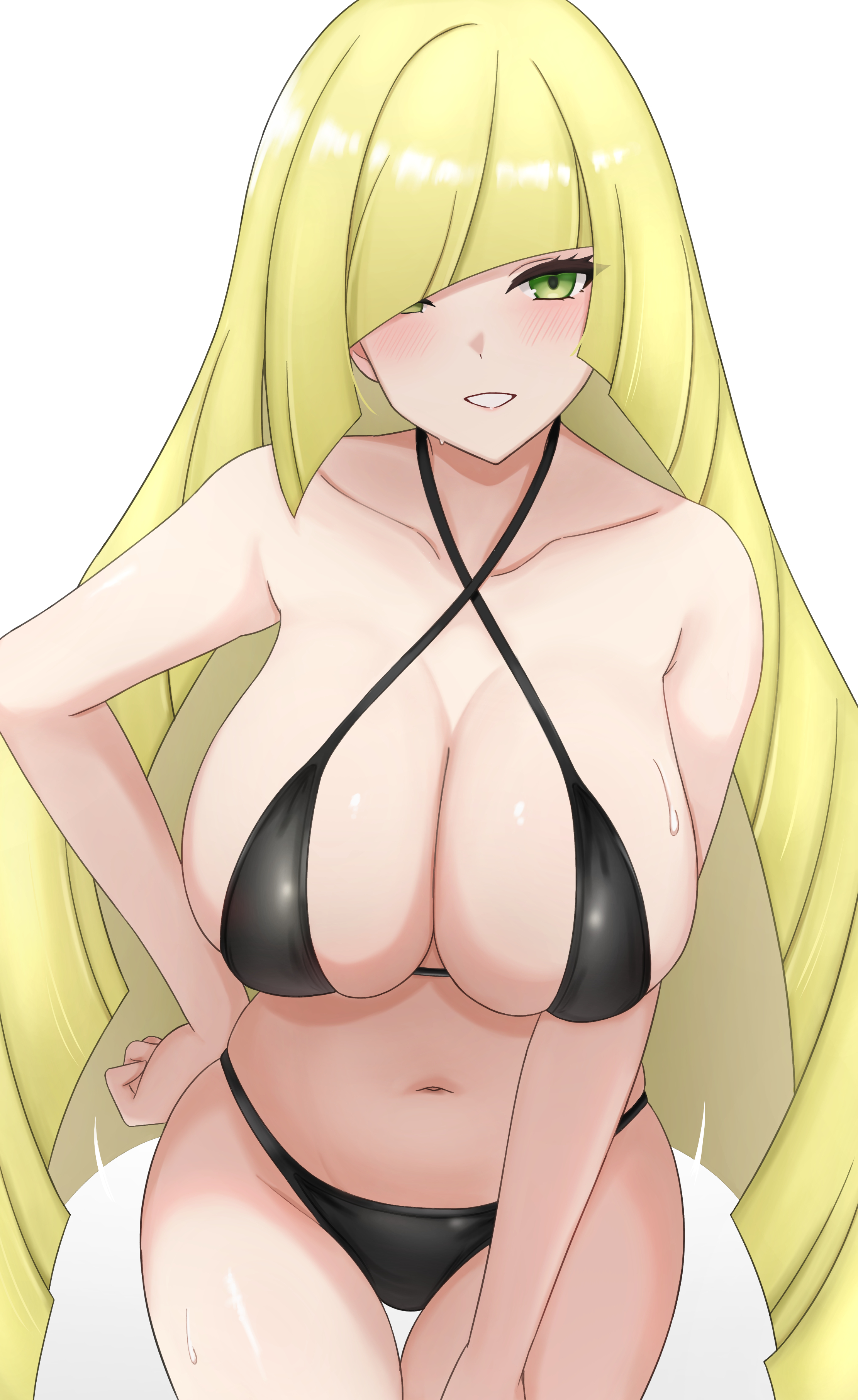 1girls, big breasts, bikini, bikini bottom, bikini top, black bikini, blonde hair, bottomwear, breasts, cleavage, female, female only, game freak, green eyes, hair, hair over one eye, hand on hip, huge breasts, long hair, lusamine (pokemon), mature, mature female, mature woman, milf, mother, pokemon, pokemon sm, smile, solo, solo female, swimwear, thighs, topwear, wachikumori