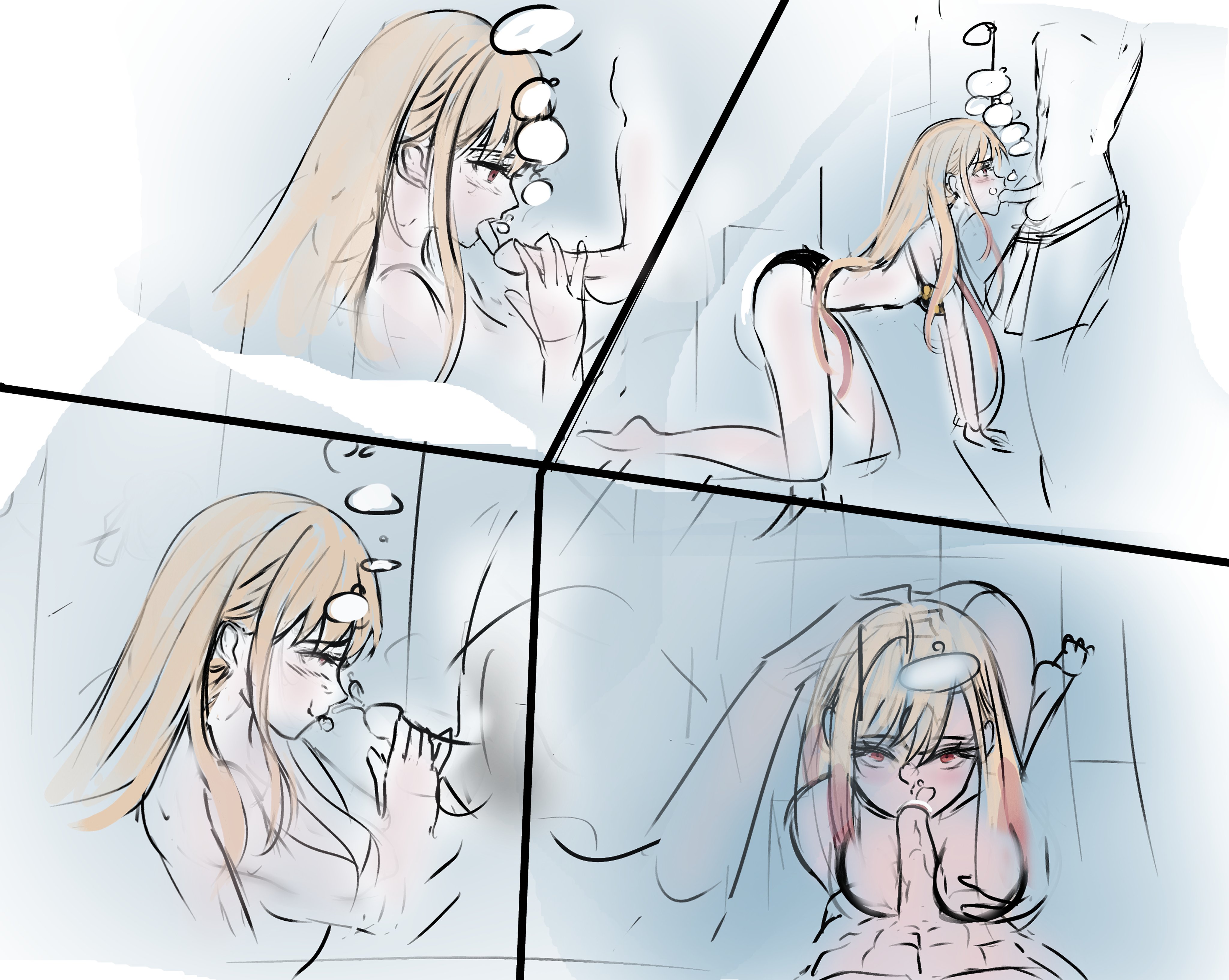 1boy, 1girls, air bubbles, bikini, blonde hair, blowjob, cock, dick, female, gyaru, kitagawa marin, licking, licking penis, male, marima666 (artist), penis, penis juice, pool, sono bisque doll wa koi wo suru, stroking penis, sucking, swimming pool, underwater, water