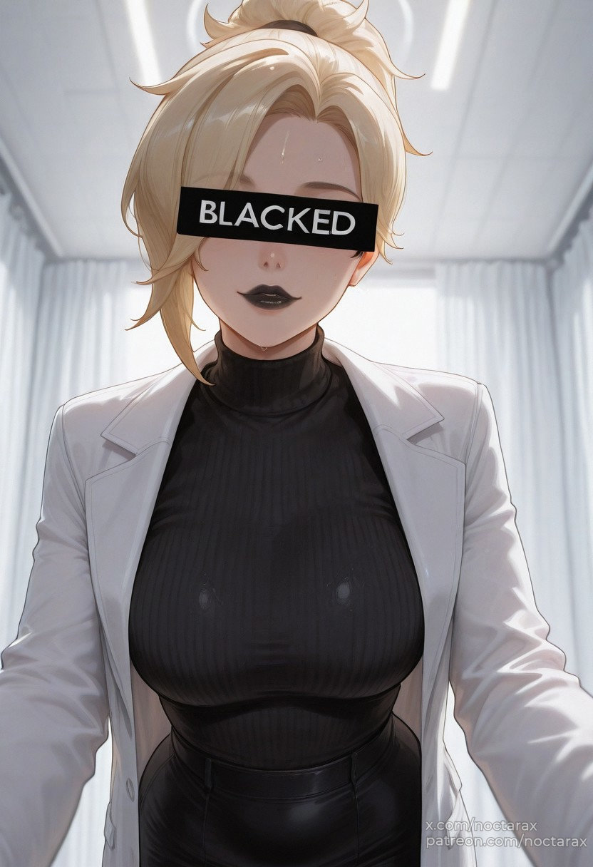 1boy, ai, ai generated, black lipstick, blacked, blonde hair, breasts, female, hospital, human, human female, indoors, light skin, light-skinned female, male, mercy, naked, naked female, noctarax, nude, nude female, overwatch, solo, solo female
