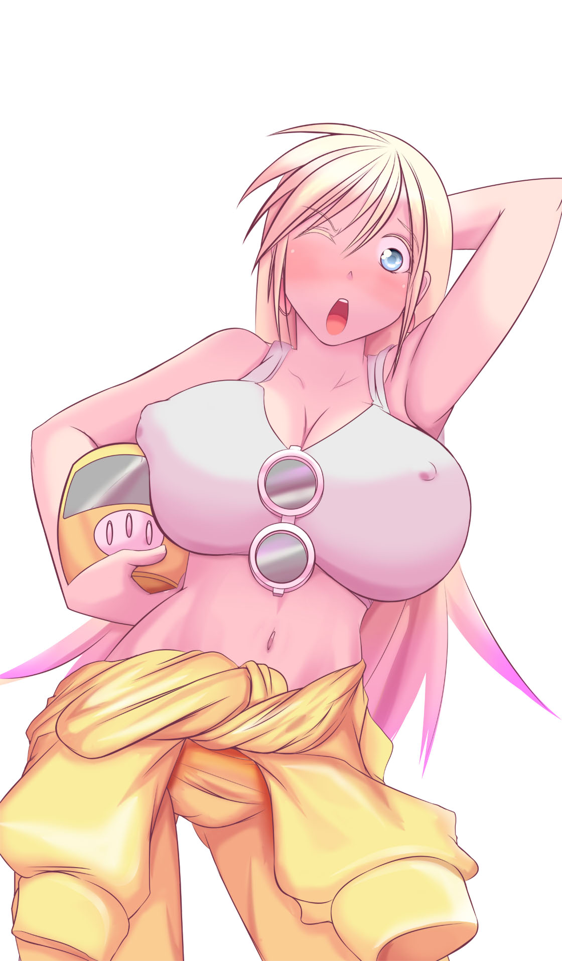 1girls, 2018, arm up, big breasts, blonde hair, blue eyes, breasts, cleavage, clothed, clothes, clothing, female, female only, hi res, huge breasts, large breasts, leni loud, midriff, nipple bulge, one eye closed, simple background, solo, sports bra, stomach, straight hair, the loud house, white background, wink