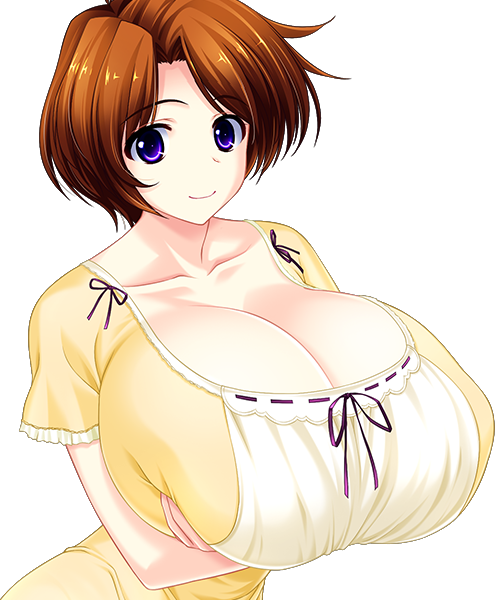 arisugawa_chisato atelier_kaguya_honky-tonk_pumpkin big_breasts brown_hair game_cg gigantic_breasts huge_breasts kurasaki_minato purple_eyes shabura_rental short_hair yellow_clothing