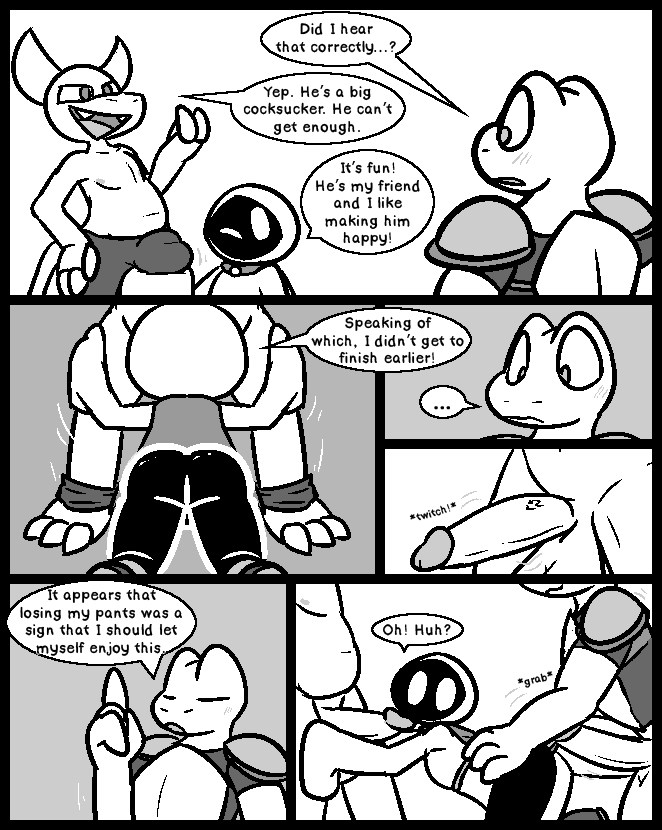 2025 2_horns 3_toes 4_fingers amphibian anthro armor ass ball_grab balls bent_over big_balls big_penis blush bottomwear bottomwear_around_legs breastplate caspar_the_frog closed_eyes clothed clothing clothing_around_legs comic cute_fangs demon dialogue ellipsis english_text erection fangs feet fingers frog frown genitals grope group horn humanoid humanoid_genitalia humanoid_on_anthro humanoid_penis imminent_sex interspecies kneeling leo_the_magician male male/male mouthless nipples open_mouth pants pants_around_legs penis shadow_creature shirt shoulder_pads smile smirk speech_bubble standing teeth text throbbing throbbing_penis to-be-named-later toes topless topwear trio ultilix vein veiny_penis