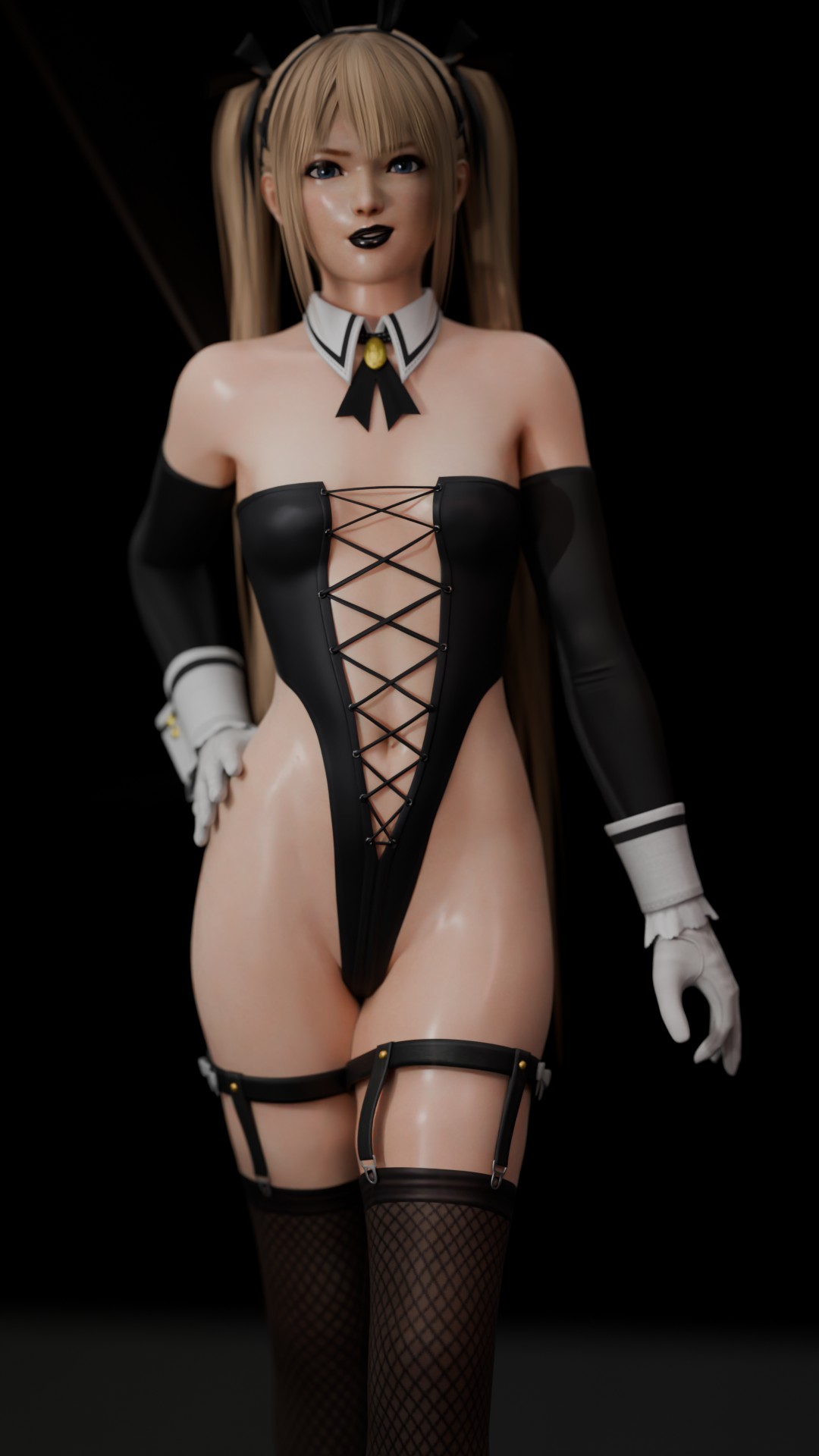 1girls, 3d, 3d (artwork), arlequinfox, back view, black leotard, blonde hair, chrissy-tee, curvy, curvy figure, dead or alive, dead or alive 5, female, female focus, female only, hips, leotard, long hair, looking at viewer, marie rose, partially clothed, wet