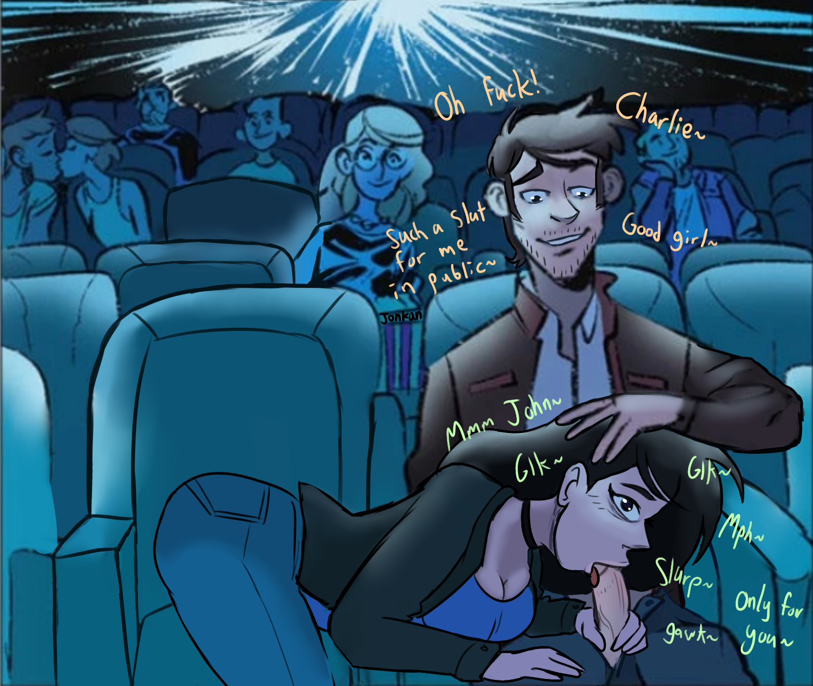 bedroom eyes, big breasts, big penis, blowjob, breasts, canon couple, charlie emily, charlotte emily, choker, clothed, clothed sex, date night, dialogue, edited art, edited official artwork, face down ass up, face fucking, female, five nights at freddy's, fnaf, fnaf novels, john (fnaf), jonkan, male, movie theater, penis, redraw, slurping, straight, sucking, sucking off, sucking penis