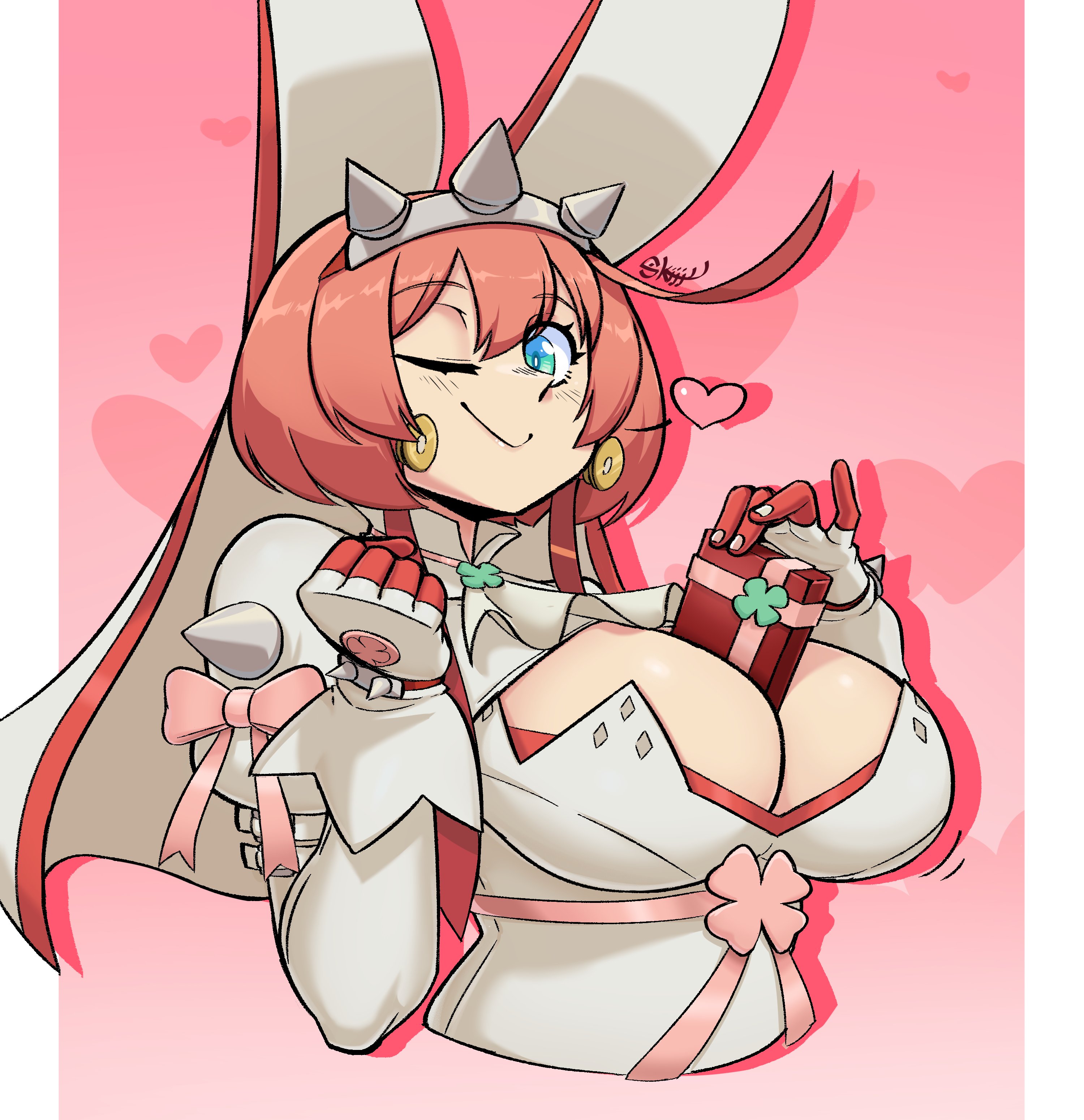 1girls, absurdres, ahoge, alternate breast size, breasts, bursting breasts, cleavage, dress, elphelt valentine, eyelashes, female, female focus, female only, floral print, green eyes, guilty gear, guilty gear xrd, highres, huge breasts, pink hair, rose print, short hair, skijjy f, smile, solo, spikes, standing, w arms, white dress, wide hips