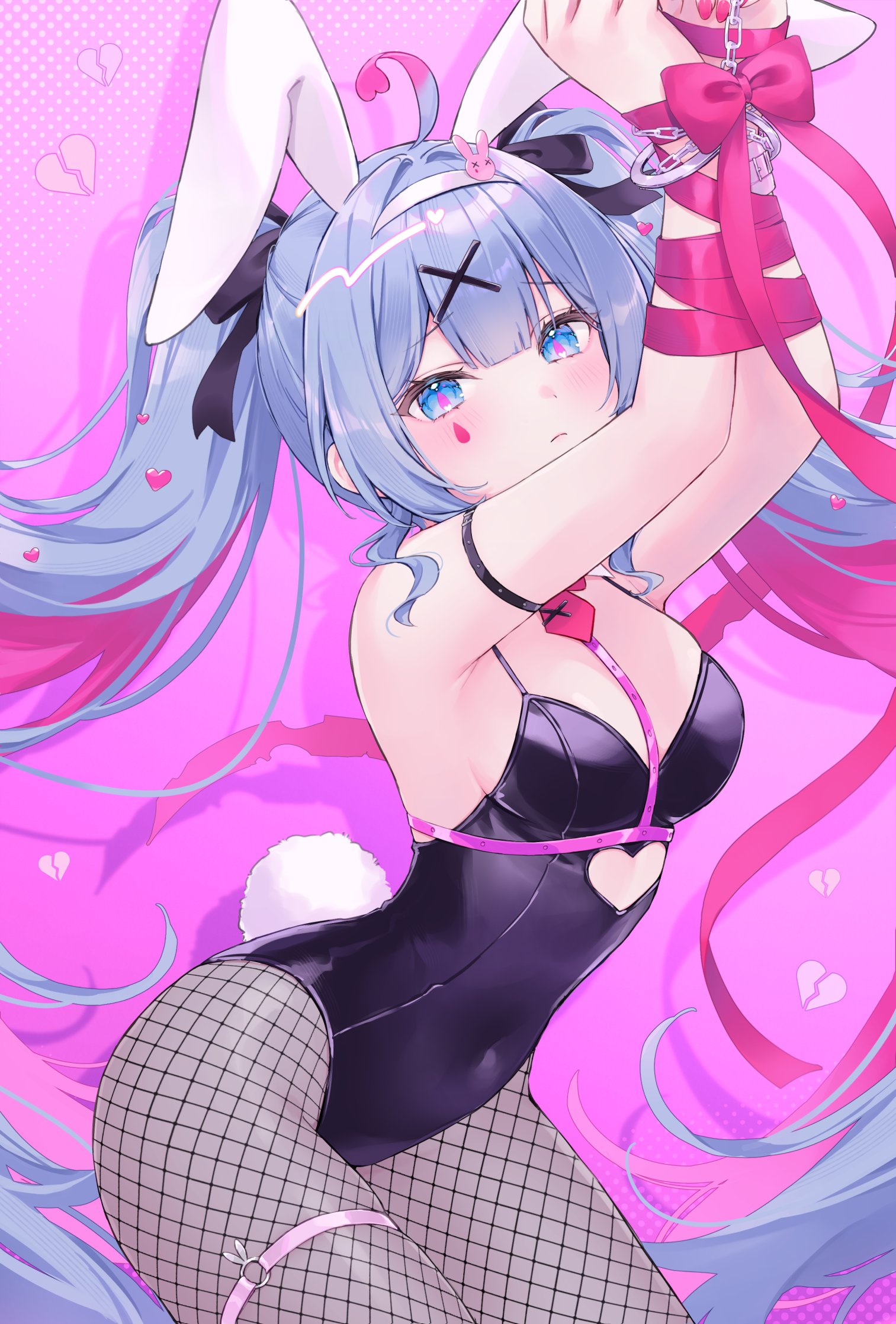 1girl, ahoge, animal ears, armpits, arms up, ass, bangs, bare shoulders, black leotard, blue eyes, blue hair, blush, bondage, bound, bound wrists, bow, breasts, bunny ears, bunny girl, bunny tail, bunnysuit, chained, cleavage, closed mouth, clothing cutout, covered navel, cowboy shot, cuffs, facial mark, fake animal ears, fake tail, female, female only, fishnet pantyhose, fishnets, hair ornament, hairband, hatsune miku, headgear, heart, heart cutout, heart-shaped pupils, leotard, long hair, looking at viewer, medium breasts, multicolored hair, pantyhose, pink background, playboy bunny, rabbit ears, rabbit hole (vocaloid), rabbit tail, ribbon, solo, strapless leotard, tagme, tagme (artist), tail, thigh strap, tied, tied hair, twintails, very long hair, vocaloid, voluptuous, wide hips, x hair ornament