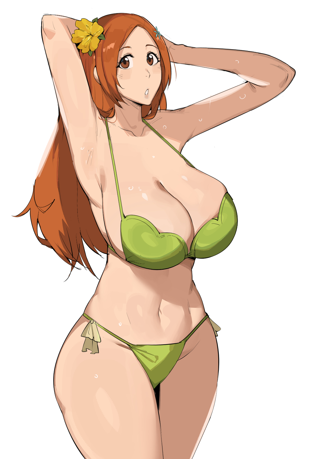 1girls big_breasts bikini bleach brown_eyes elijahzx green_bikini_top hands_behind_head huge_breasts inoue_orihime long_sleeves looking_at_viewer mouth_open orange_hair solo solo_female sweat sweating thick thighs wet_skin