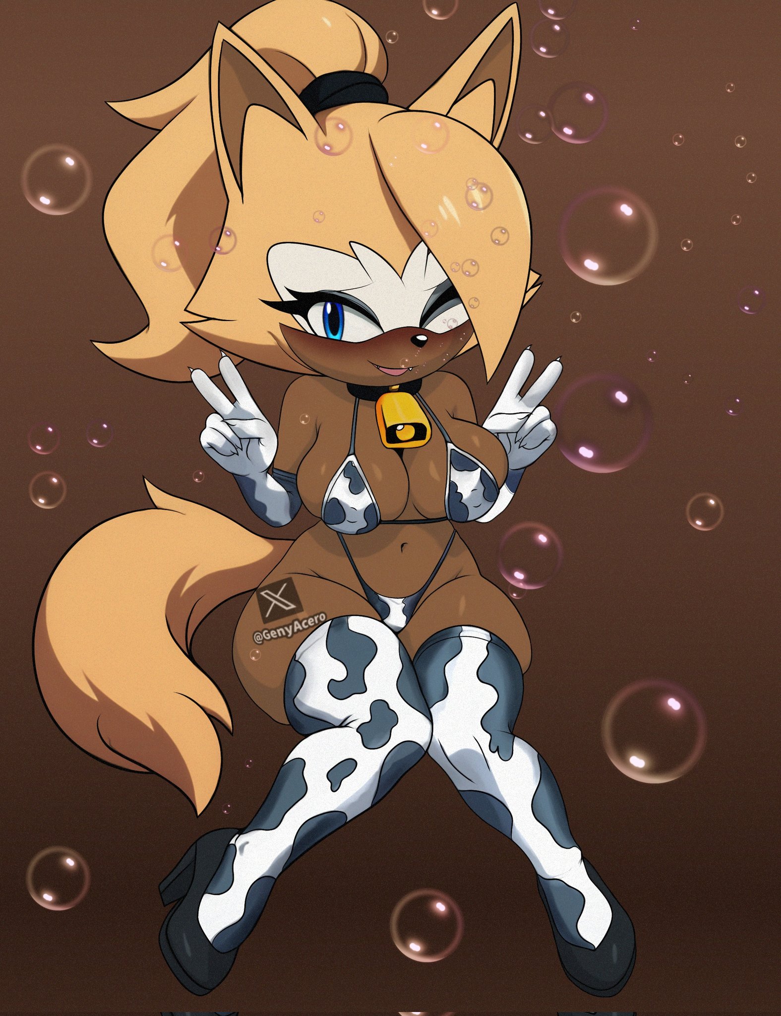 1girls, 2025, 2d, 2d (artwork), 2d artwork, anthro, bell choker, big breasts, blonde female, blonde hair, blonde hair female, blonde-haired female, blush, blushing female, blushing profusely, breasts, brown fur, brown nipples, bubbles, canid, canine, canis, cow print, cow print bikini, cowbell, cute, cute face, digital art, digital drawing (artwork), digital media (artwork), female, furry, furry female, genyacero, heart hands, idw publishing, mobian, mobian (species), peace sign, sega, solo, sonic (series), sonic the hedgehog (comics), sonic the hedgehog (idw), sonic the hedgehog (series), tagme, whisper the wolf, wolf, wolf ears, wolf girl, wolf tail