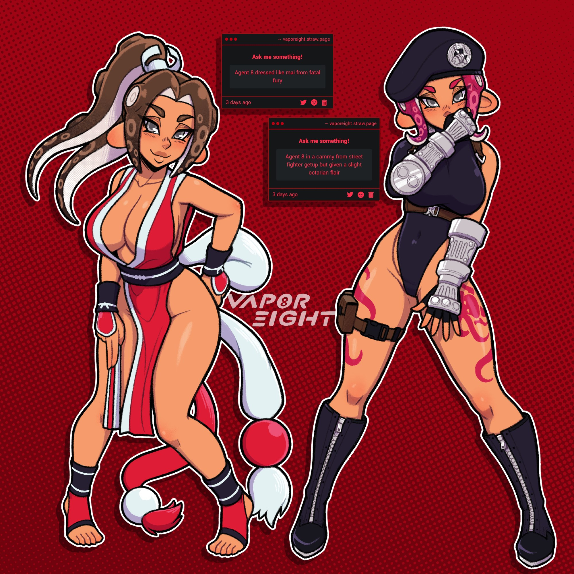 1girls, agent 8 (splatoon), breasts, cammy white (cosplay), cleavage, cosplay, crotch, digital media (artwork), fatal fury, female, mai shiranui (cosplay), octoling, octoling girl, splatoon, splatoon 3, street fighter, tan body, thighs, vaporeight