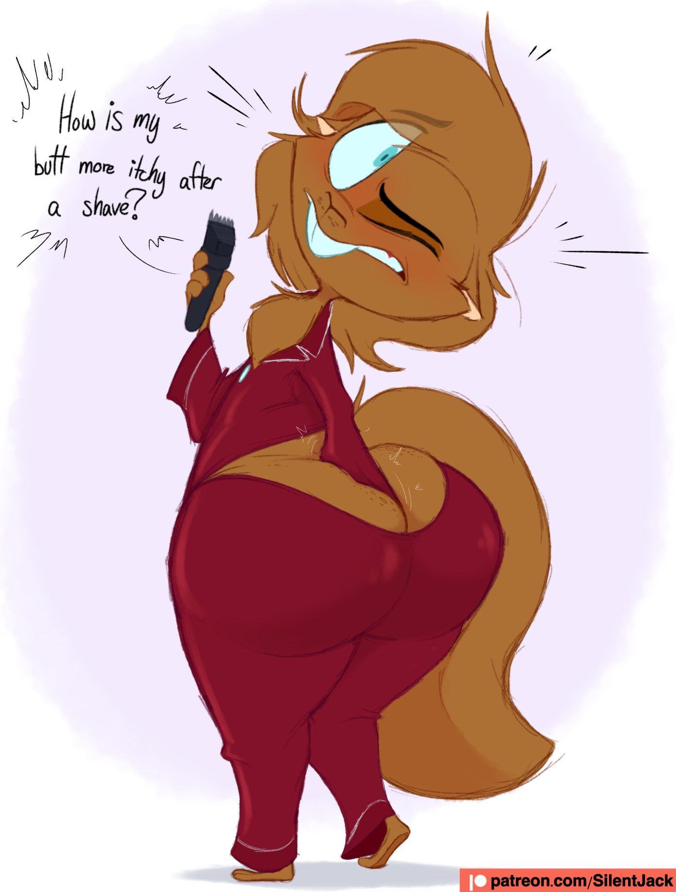 anthro ass ass_cleavage big_butt big_tail blue_eyes blue_sclera brown_body brown_fur buckteeth butt_crack butt_digging butt_scratch clothing curvy_figure dialogue digging_into_butt digging_up_in_they_ass electric_razor electronics english_text freckled_butt freckles fur hand_in_butt hi_res huge_butt itch itching male mammal nathan_gottbehuet pajamas razor rodent sciurid scratching scratching_butt silentjack8 simple_background solo tail teeth text tools tree_squirrel voluptuous voluptuous_male white_background yeah_i_have_a_type_(meme)