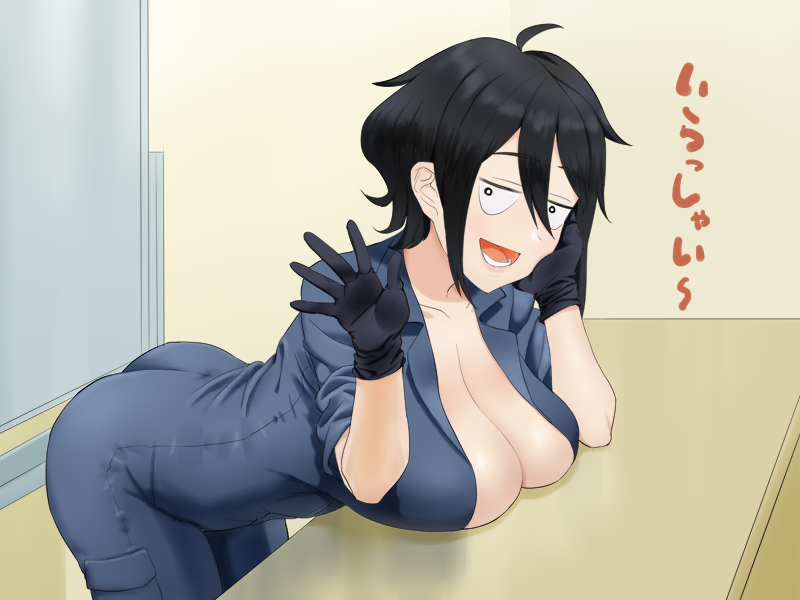 30th_video_rentals ass black_hair breasts_on_table chuuko_rental cleavage female huge_breasts indie_virtual_youtuber japanese_text kataochi_chuuko looking_at_viewer maya_maya nakako_kataochi shop short_hair virtual_youtuber vtuber