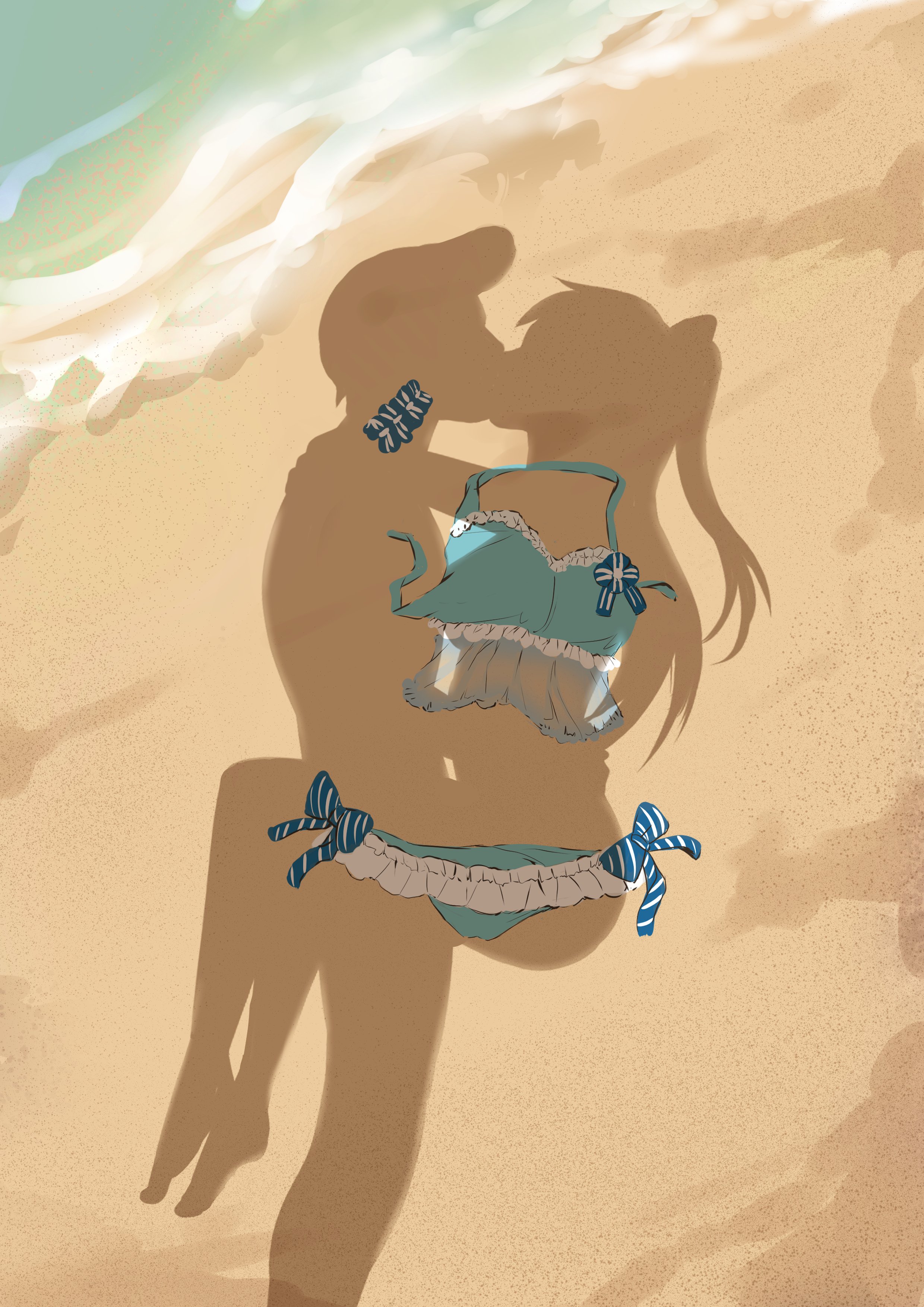 1boy, 1girls, absurdres, arm around shoulder, arm scrunchie, bikini, blue bikini, box wonderland, carrying, carrying person, completely nude, dressed shadow (meme), female, frilled bikini, frills, hair ribbon, highres, hug, kissing, long hair, love live!, love live! nijigasaki high school idol club, male, meme, nude, ocean, ousaka shizuku, pompadour, ponytail, ribbon, sand, sex, shadow, standing, standing sex, straight, swimsuit, upright straddle, water