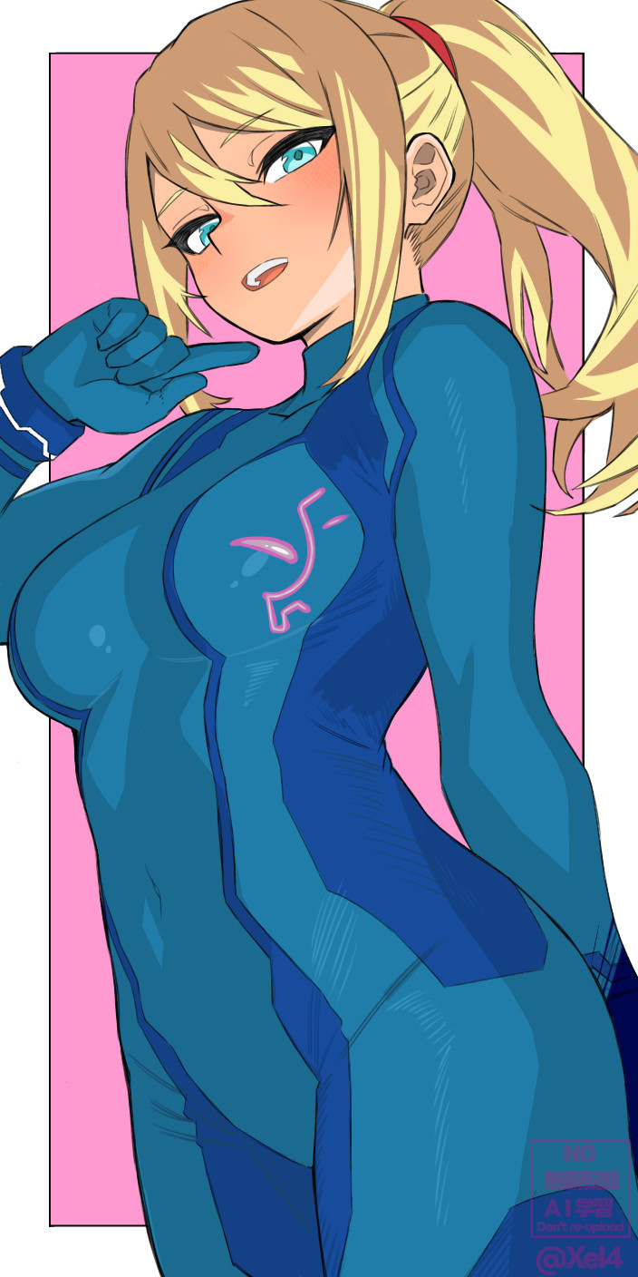 1girls, artist name, blonde hair, blue eyes, bodysuit, breasts, female, female focus, female only, large breasts, looking at viewer, looking down, metroid, nintendo, ponytail, purple background, samus aran, seductive look, sfw, solo, solo female, solo focus, thick eyelashes, violet background, xel4, zero suit, zero suit samus