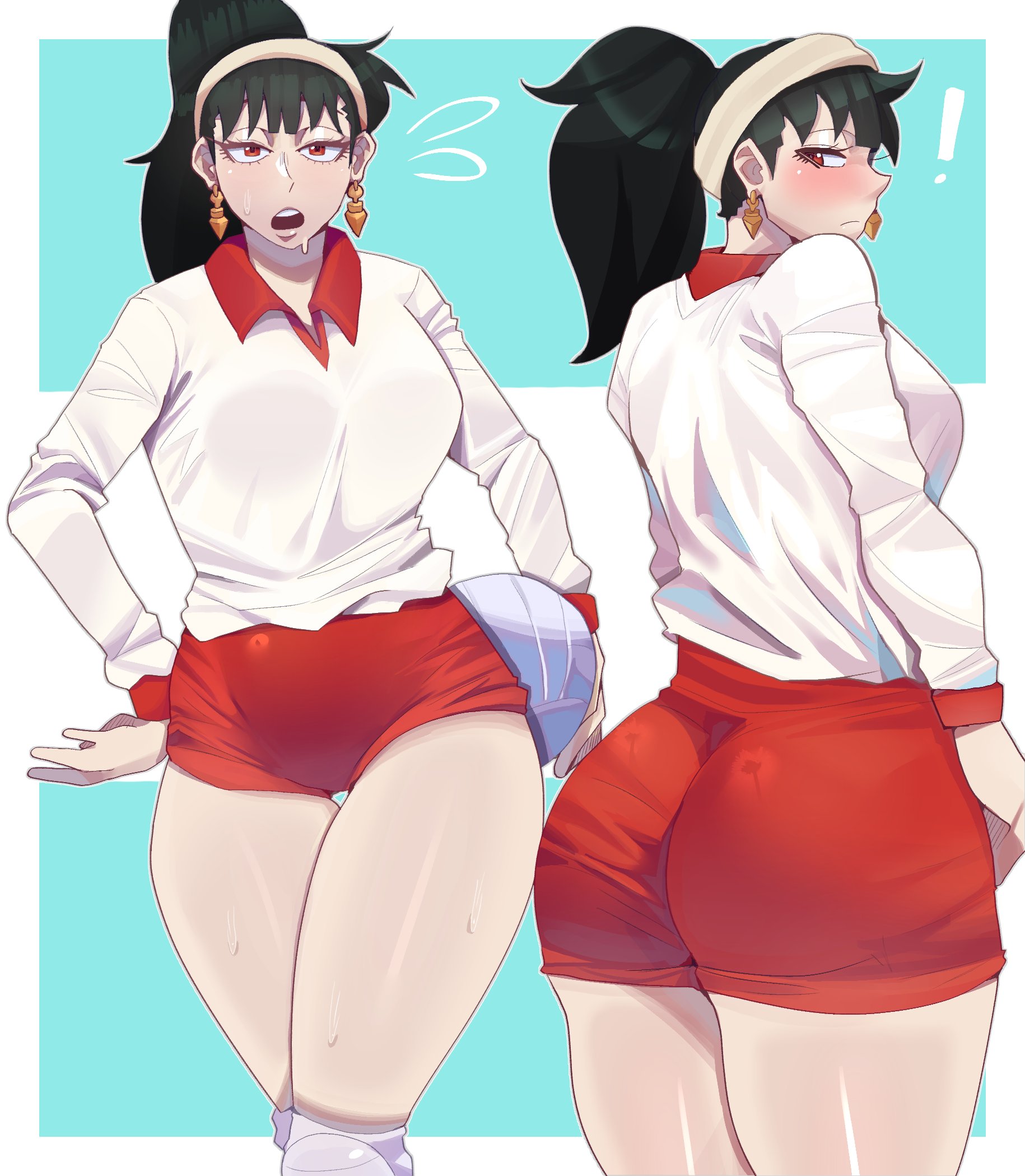 1girls, ass, back view, bangs, black hair, blush, breasts, clothed female, clothing, collarbone, crop top, deven tolo, earrings, female, female only, fully clothed, hand on hip, hand on own hip, large breasts, looking at viewer, midriff, ponytail, rear view, red eyes, sports bra, sports uniform, sportswear, spy x family, standing, sweat, tagme, yor briar, yor forger