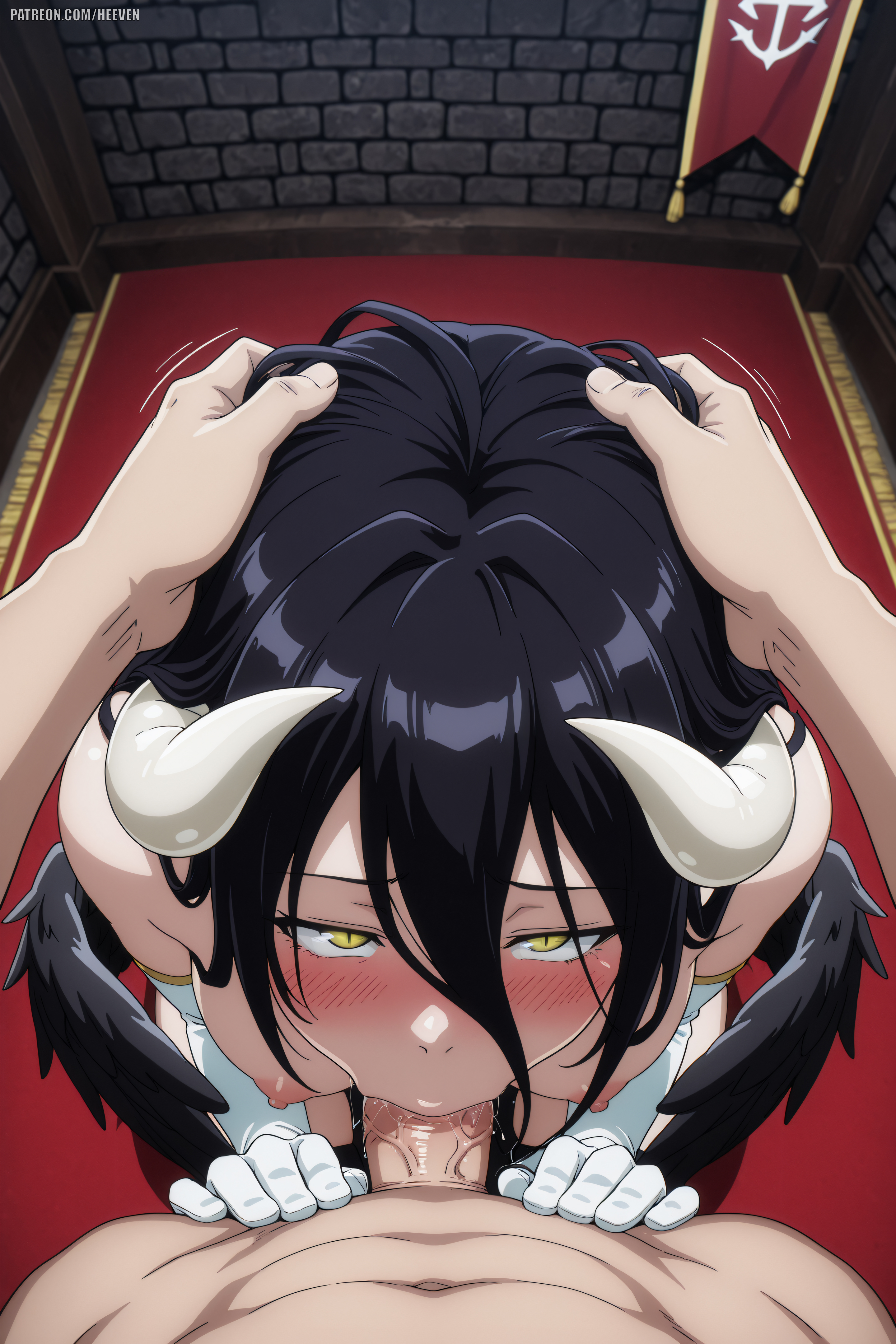 1boy, absurdres, adult, ai generated, albedo (overlord), big breasts, blowjob, heeven, highres, mature, overlord (maruyama), penis in mouth, perfect body, uncensored