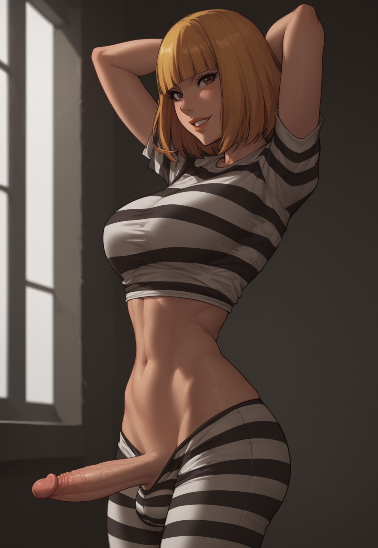 1futa, ai generated, ass, balls, big ass, big breasts, big butt, big hips, big penis, blonde futa, blonde hair, blush, bob cut, breasts, brown eyes, bulge, bulge through clothing, cleavage, crazy, crazy female, crazy smile, dick, dickgirl, elbows, eyebrows, eyelashes, female, flaccid, from below, futa only, futanari, grin, grinning, grinning at viewer, hands behind head, hips, indoors, inmate, intersex, jail, large breasted futa, large breasts, lips, lipstick, long hair, looking at viewer, looking sideways, makeup, medium hair, medium penis, midorikawa hana, musk, narrow waist, narrowed eyes, navel, nose, pants, penis, penis out, prison, prison cell, prison clothes, prison school, prisoner, realistic breast size, revealing clothes, seductive, seductive gaze, seductive look, seductive smile, shirt, short hair, showing penis, smell, smile, smile at viewer, smiley face, smirk, smooth balls, smooth penis, smooth skin, smug, solo, solo dickgirl, solo focus, solo futa, standing, striped, striped clothing, taker pov, testicles, velonix, wide hips, yellow hair