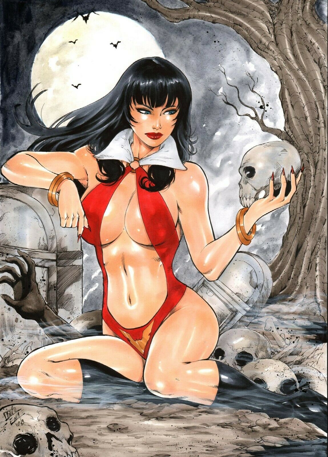 2019 bangs big_breasts big_breasts bikini black_hair black_thighhighs blue_eyes bracelet bracelets breasts busty cemetery cleavage dated dynamite_comics ed_benes_studio gravestone ground headstone holding_skull lanio_sena large_breasts lipstick long_hair moon nail_polish night red_bikini red_lips red_lipstick red_nail_polish red_nails red_swimsuit sharp_nails signature sitting skulls sling_bikini superheroine swimsuit thighhighs thighs tombstone tree vampirella vampirella_(character) zombie