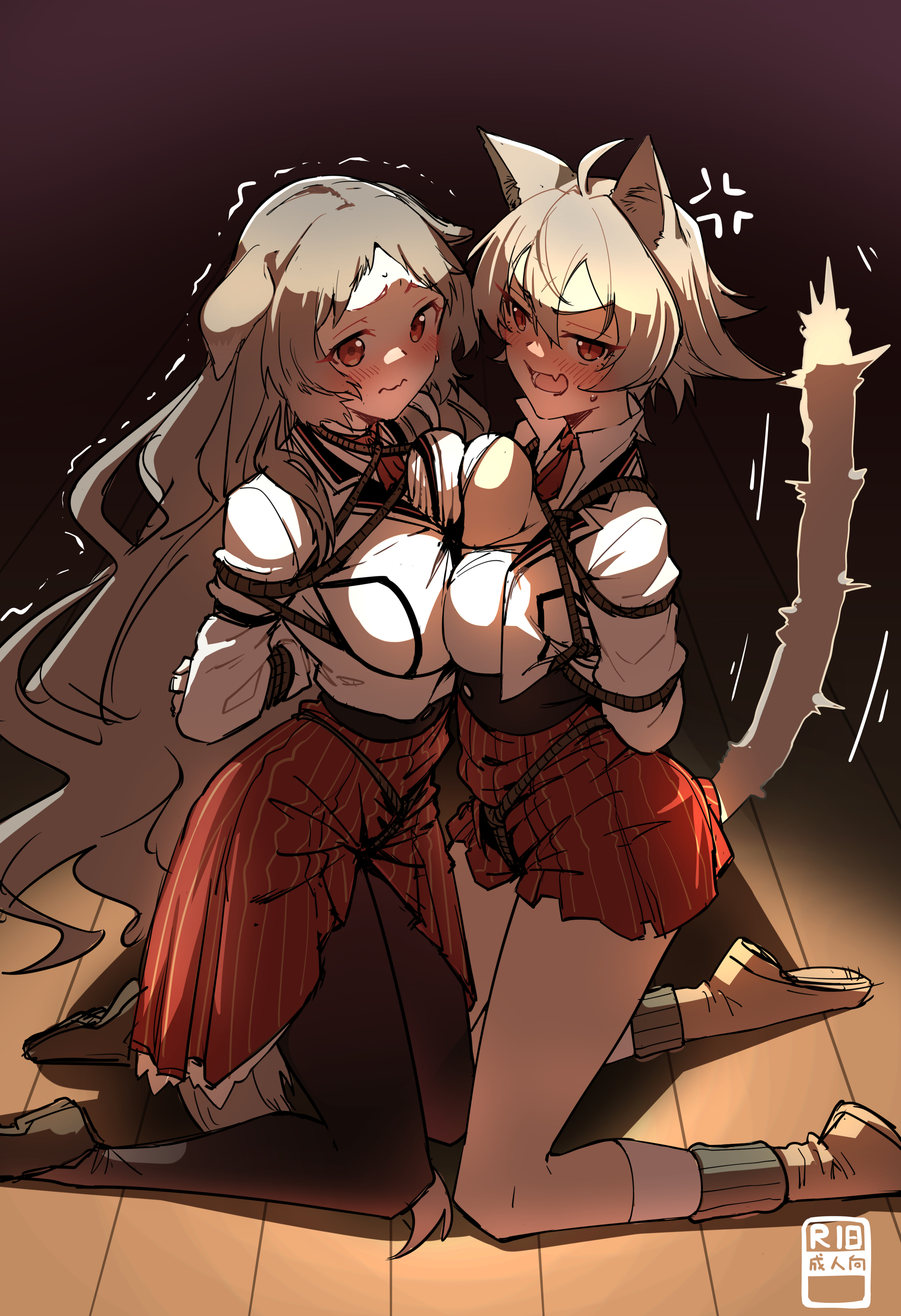 2girls, absurdres, ahoge, anger vein, animal ears, arms behind back, black thighhighs, blush, bondage, bound, bound arms, breast press, breasts, cat ears, cat girl, cat tail, chubb, cleavage, commission, dim lighting, dog ears, dog girl, dog tail, female, full body, full-face blush, hair between eyes, highres, kneeling, large breasts, linia dedoldia, long hair, looking at viewer, motion lines, multiple females, multiple girls, mushoku tensei, open mouth, partially unbuttoned, pursena adoldia, ranoa magic academy school uniform, red eyes, red skirt, restrained, rinia dedoldia, school uniform, second-party source, shirt, short hair, skirt, slit pupils, symmetrical docking, tail, thighhighs, trembling, very long hair, wavy mouth, white shirt, wooden floor