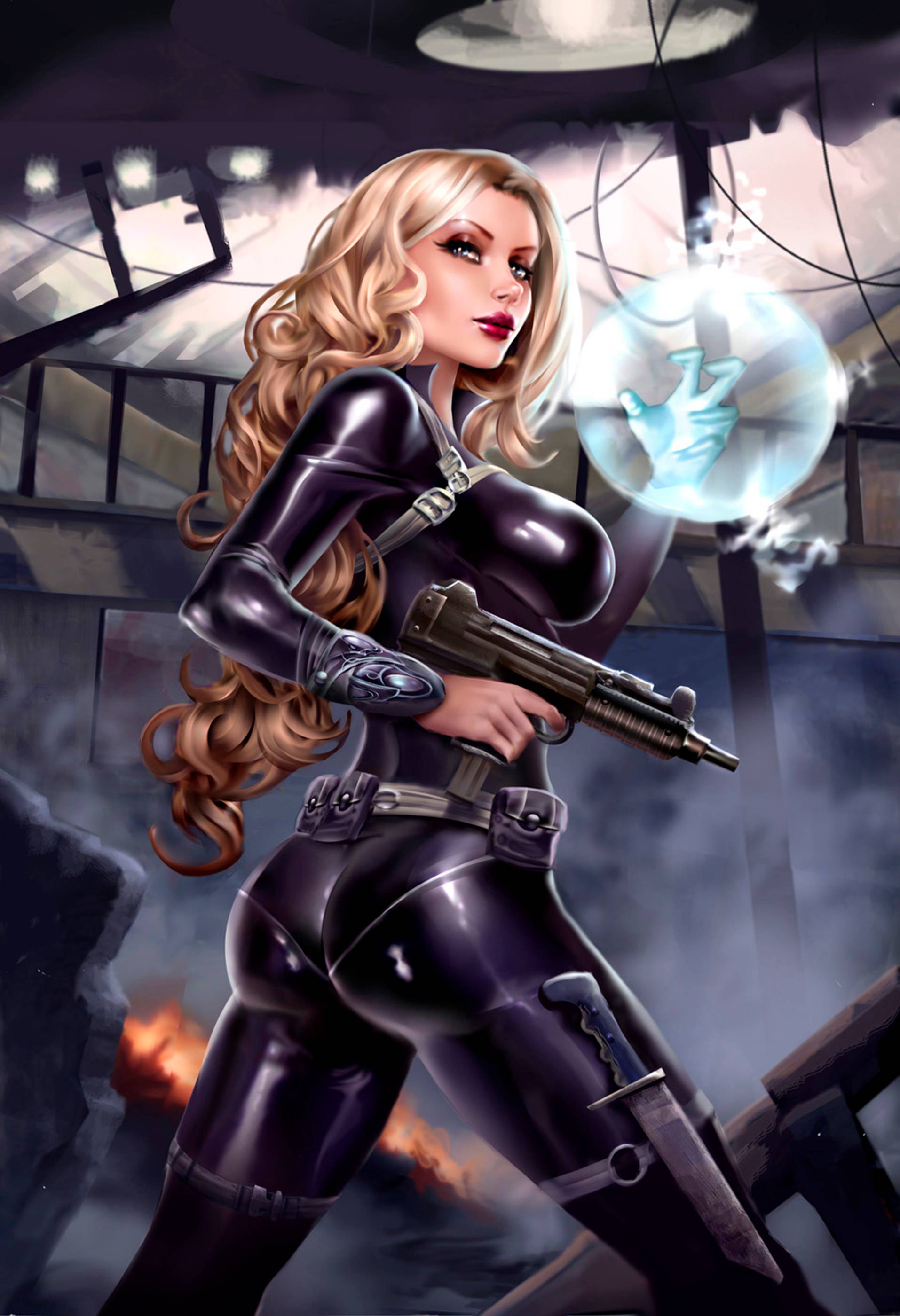 1girls ass avril_williams belt big_ass big_breasts black_bodysuit blonde_hair bodysuit breasts busty comic_cover dat_ass deacon_black female female_only from_below from_side grimm_fairy_tales_zenescope gun holding_gun holding_weapon knife large_breasts leg_band long_hair machine_gun magic official_art pinup pouch red_lips red_lipstick secret_agent skintight solo sorceress spy standing thick_ass thighs weapon zenescope