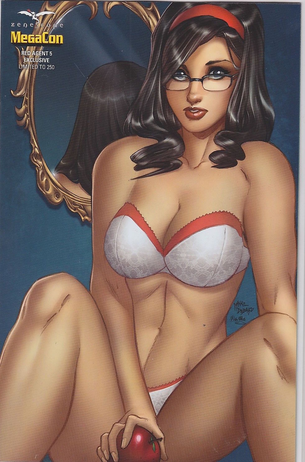 1girls apple big_breasts black_hair blue_eyes bra breasts busty cleavage comic_cover fairy_tales female female_only glasses grimm_fairy_tales_zenescope grimms'_fairy_tales large_breasts legs_spread lipstick long_hair mike_debalfo mirror official_art panties pinup red_lips red_lipstick reflection sela_mathers sitting snow_white_(fairy_tales) snow_white_(grimm) solo spread_legs text thighs ula_mos white_bra white_panties zenescope