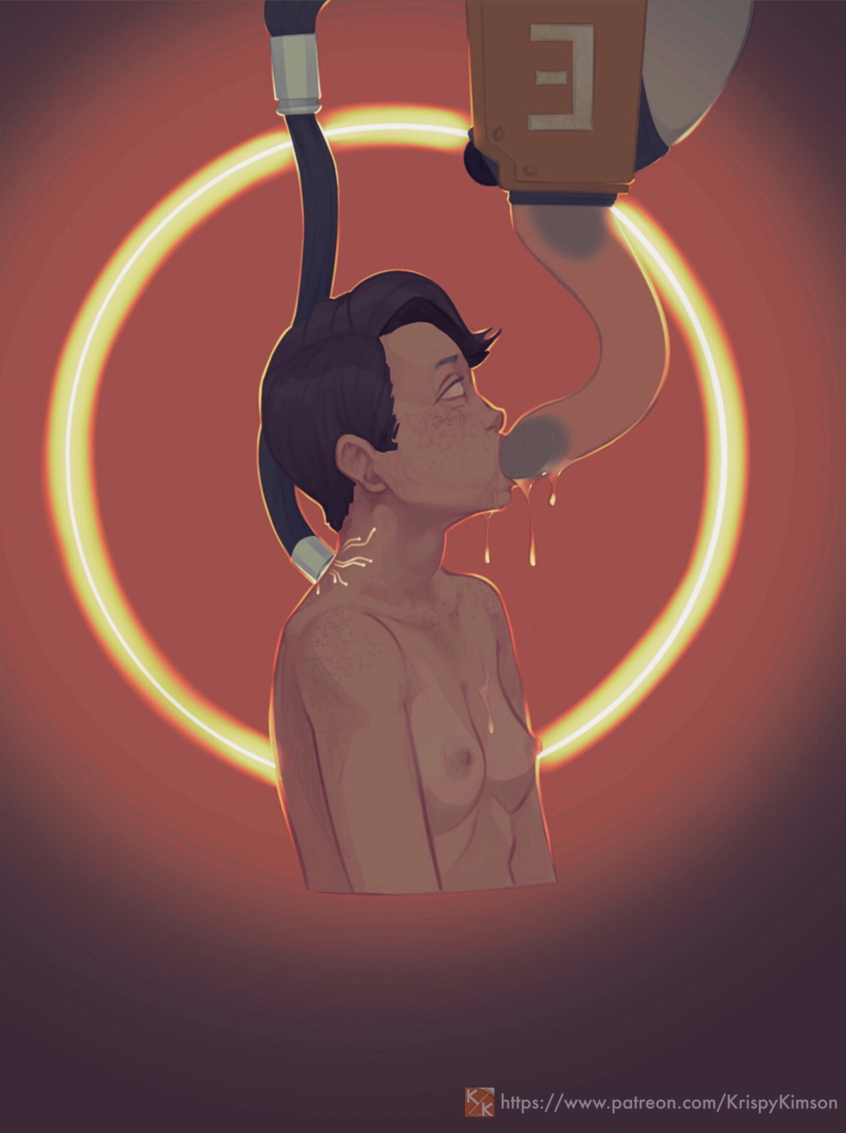 1girls, blank eyes, breasts, brown hair, egg implantation, female, krispy (character), krispy kimson, mind control, open mouth, oral, oral egg implantation, oral oviposition, oviposition, penetration, sci-fi, short hair, small breasts, tentacle, translucent tentacles