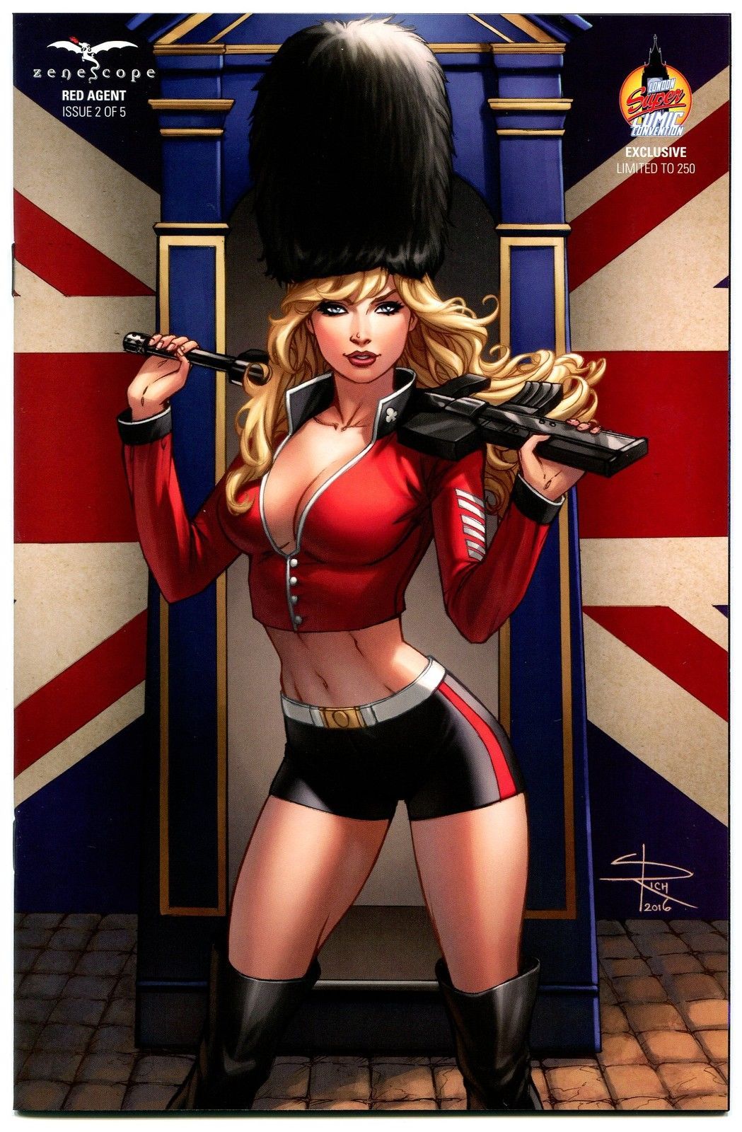 1girls 2016 assault_rifle big_breasts black_boots black_shorts blonde_hair blue_eyes boots breasts britney_waters busty comic_cover female female_only grimm_fairy_tales_zenescope gun hat holding_gun hot_pants large_breasts lipstick machine_gun official_art pavement pinup queen's_guard red_lips red_lipstick red_shirt rifle road sabine_rich shirt short_shorts shorts solo standing text union_jack united_kingdom zenescope