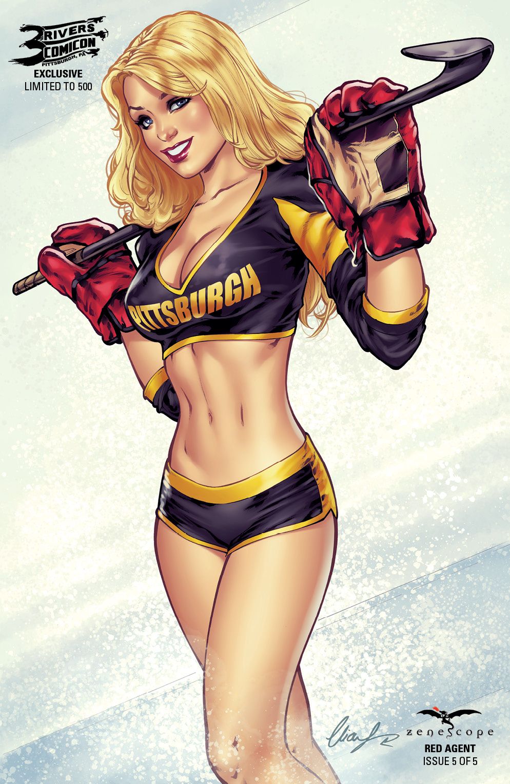 1girls belly_button big_breasts black_panties black_shirt blonde_hair blue_eyes breasts britney_waters busty cleavage elias_chatzoudis eyeshadow female female_only gloves grimm_fairy_tales_zenescope hockey hockey_stick large_breasts long_hair makeup mascara midriff mittens navel panties pinup pittsburgh red_gloves red_lips red_lipstick shirt short_shirt signature smile smiling solo standing stomach thighs yellow_panties zenescope