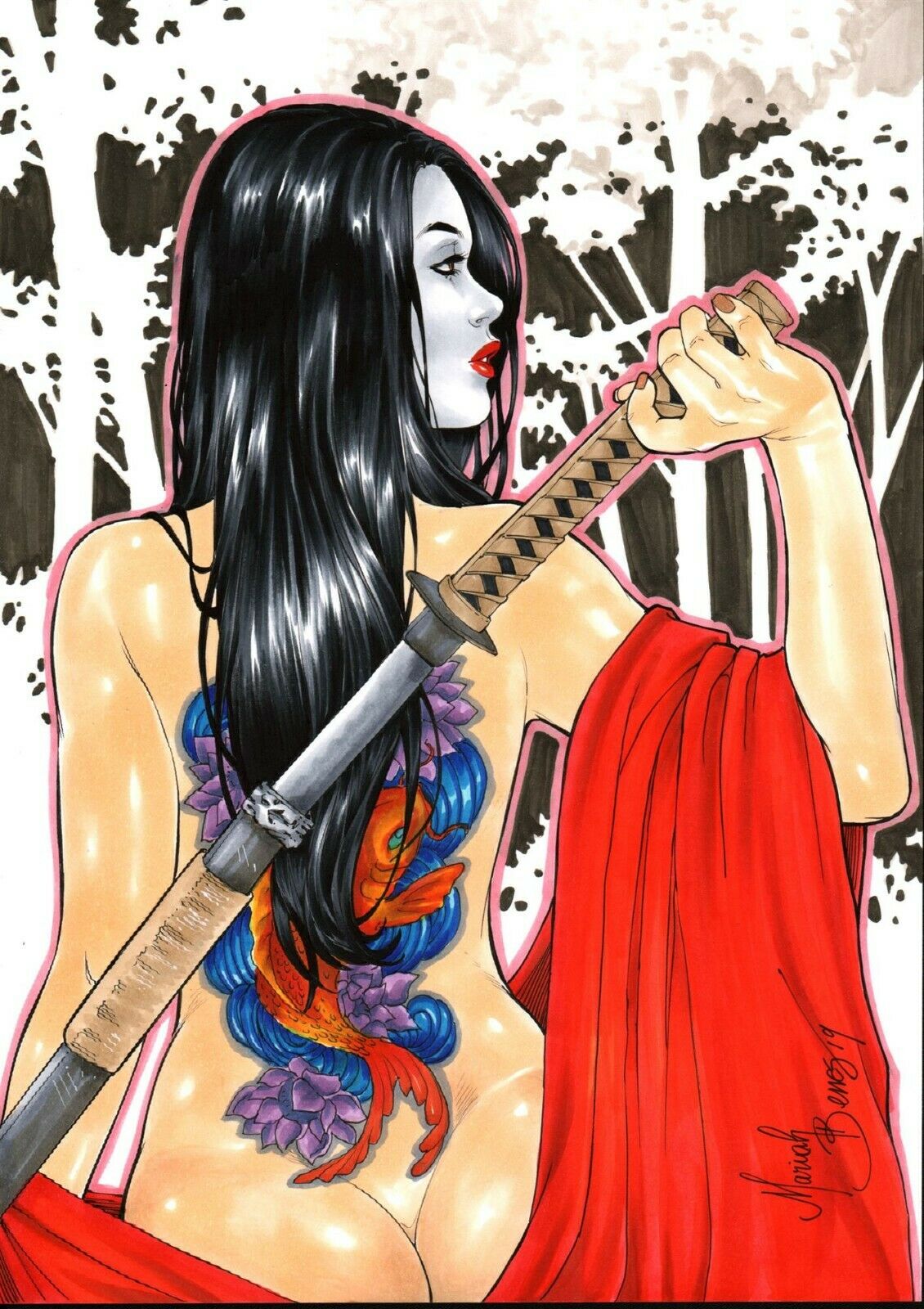 1girls 2019 ana_ishikawa ass back_tattoo black_hair crusade_comics dated dress_removed ed_benes_studio facepaint female female_only geisha holding_katana holding_sword holding_weapon katana kimono kimono_removed long_hair mariah_benes nail_polish naked nude pinup red_dress red_lips red_lipstick sheathed_weapon shi shi_(character) signature solo sword tattoo tree trees unsheathing weapon