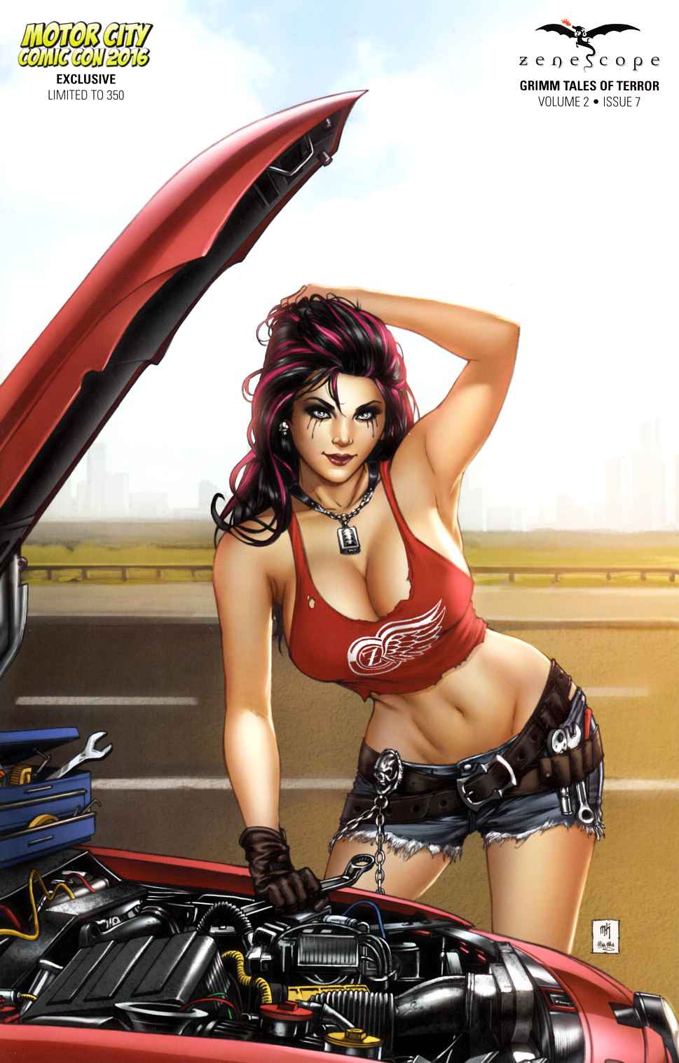 1girls arm_up belt big_breasts black_hair blue_eyes blue_shorts breasts brown_gloves busty car car_hood cleavage comic_cover detroit earrings engine eye_contact female female_only gloves grimm_fairy_tales_zenescope highlights hot_pants keres_(zenescope) large_breasts lipstick looking_at_viewer mechanic mike_krome multicolored_hair necklace official_art pink_hair pink_highlights pinup red_lips red_lipstick red_shirt shirt shorts solo streaked_hair striped_hair text thighs toolbox ula_mos wrench zenescope