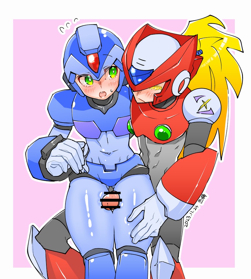 2boys android armor artist_request blonde_hair duo helmet long_hair male mega_man mega_man_x penis ponytail robot standing thigh_job thigh_sex x_(mega_man) yaoi zero_(mega_man)