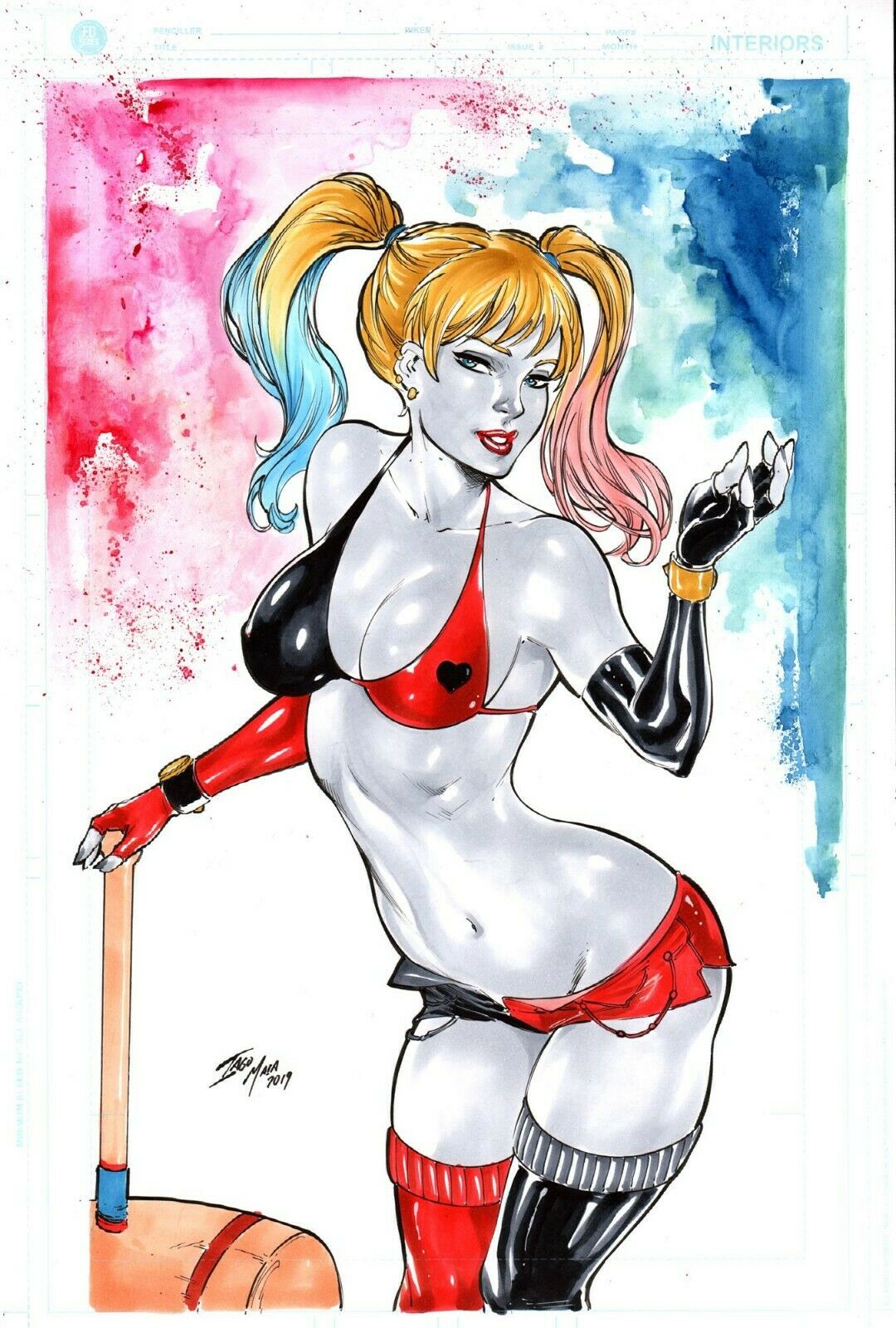 1girls 2019 batman_(series) belly_button big_breasts black_gloves blonde_eyebrows blonde_hair blue_eyes blue_highlights bra breasts cleavage dated dc dc_comics ed_benes_studio eyeshadow female female_only fingerless_gloves gloves grey_skin hammer harley_quinn highlights holding_hammer holding_mallet hot_pants iago_maia makeup mallet mascara midriff navel pink_highlights pinup red_lips red_lipstick short_shorts shorts signature solo standing stomach thighhighs thighs twintails watch