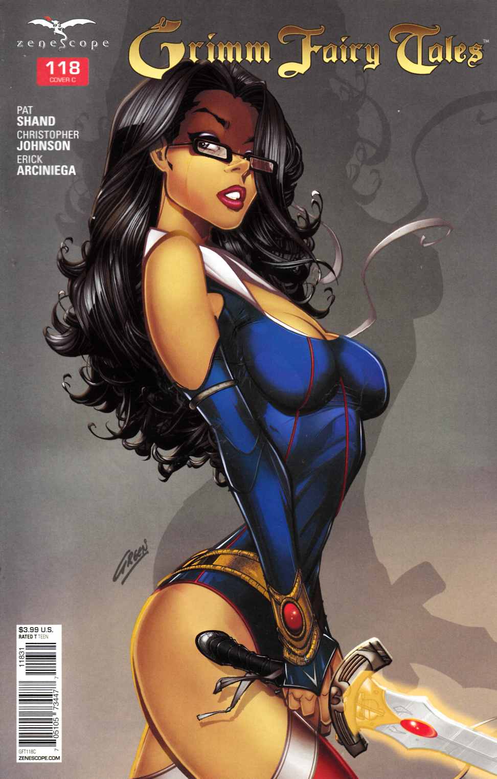 1girls big_breasts big_breasts black_hair blue_eyes blue_gloves blue_leotard breasts busty cleavage comic_cover eye_contact female female_only fingerless_gloves from_side glasses gloves grimm_fairy_tales_zenescope holding_sword large_breasts leotard lipstick looking_at_viewer official_art paul_green pinup red_lips red_lipstick sela_mathers shadow signature solo sword text thighhighs thighs zenescope