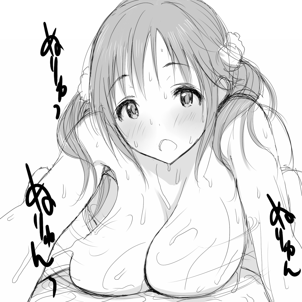 1boy bangs blush breast_massage breasts cowgirl_position eyebrows_visible_through_hair female greyscale idolmaster idolmaster_cinderella_girls large_breasts long_hair monochrome nude poin sagging_breasts simple_background solo_focus totoki_airi twintails white_background