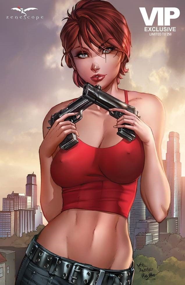 1girls alternate_version_available bangs belt big_breasts black_belt blue_eyes blue_jeans blue_pants breasts busty city cityscape cleavage comic_cover cowboy_shot dual_wielding erect_nipples erect_nipples_under_clothes eye_contact eyeshadow female female_only grimm_fairy_tales_zenescope gun holding_gun inferno_(zenescope) jeans large_breasts lipstick looking_at_viewer makeup mascara mercy_dante mike_debalfo nipple_bulge nipples official_art pants red_hair red_lips red_lipstick short_hair signature solo standing ula_mos weapon weapons zenescope