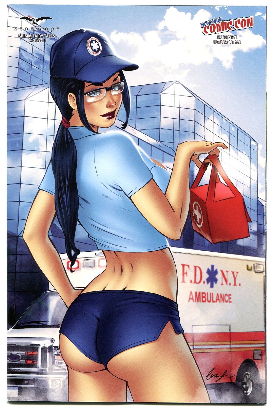 1girls 2015 alternate_outfit alternative_outfit ambulance ass back_view bag baseball_cap black_hair blue_eyes blue_hat blue_panties blue_shirt blue_shorts cap comic_cover cowboy_shot dat_ass elias_chatzoudis emt eye_contact female female_only from_behind glasses grimm_fairy_tales_zenescope hat holding_bag lipstick long_hair looking_at_viewer looking_back looking_back_at_viewer official_art panties pinup ponytail red_lipstick sela_mathers shirt short_shirt short_shorts shorts signature solo standing text thighs zenescope