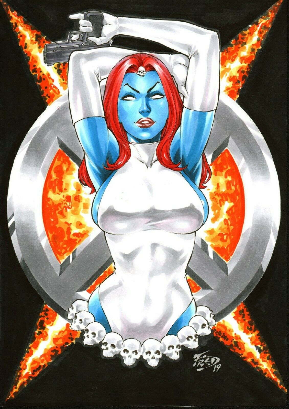 1girls 2019 arms_up big_breasts blue_skin breasts busty dated ed_benes_studio female female_only fred_benes gloves gun holding_gun holding_pistol large_breasts leotard marvel marvel_comics mystique pinup pistol raven_darkholme red_hair red_lips red_lipstick short_hair sideboob signature skull skull_belt skulls solo supervillain white_eyes white_gloves white_leotard white_sclera x-men