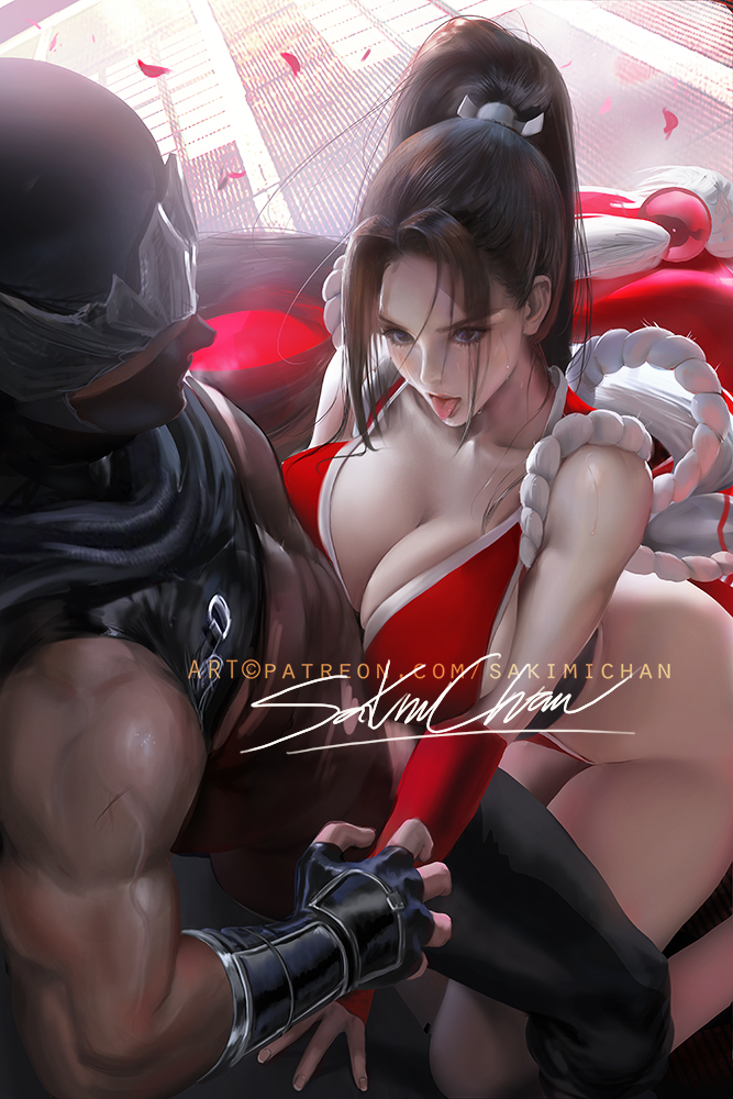 1boy, 1girls, armpits, arms at sides, arms down, artist name, big breasts, breasts, brown eyes, brown hair, cleavage, curvy, duo, fatal fury, female, female focus, highleg, king of fighters, large breasts, long hair, looking at viewer, mai shiranui, male, ninja, ninja gaiden, open mouth, patreon, patreon username, pelvic curtain, pinup, ponytail, ryu hayabusa, sakimichan, sideboob, signature, snk, standing, straight, thighs, tongue, tongue out, watermark, wide hips