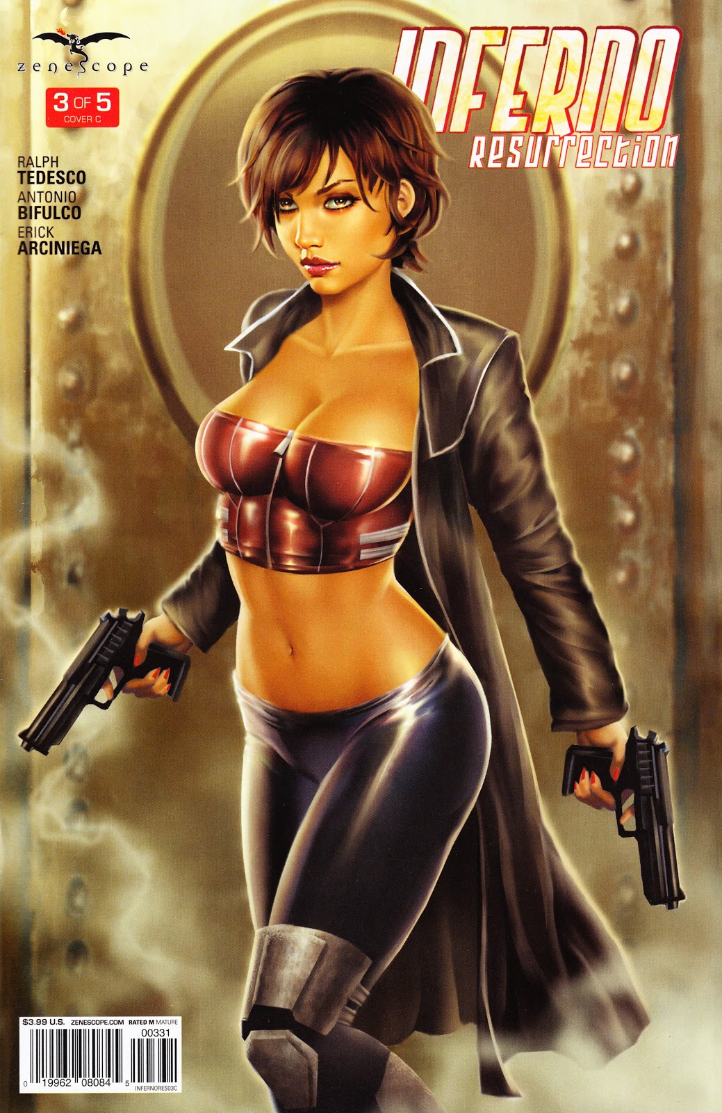 1girls big_breasts big_breasts black_jacket black_pants bra breasts brown_eyes busty cleavage comic_cover deacon_black eye_contact female female_only grimm_fairy_tales_zenescope gun guns holding_gun holding_weapon jacket large_breasts leg_braces looking_at_viewer mercy_dante official_art pants pinup red_bra red_hair red_lips red_lipstick short_hair smoke solo standing text weapon weapons zenescope