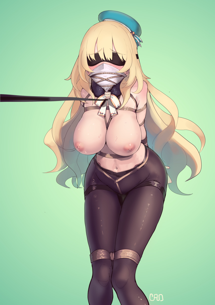 1girls, absurdres, areolae, arms behind back, atago (kantai collection), beret, black blindfold, black legwear, blindfold, blonde hair, blue headwear, blush, bondage, bound, bound arms, bound legs, breast bondage, breasts, busty, cloth gag, collar, covered eyes, crotch rope, detached collar, female, female only, femsub, gag, gagged, green eyes, grey background, hat, helpless, highres, improvised gag, kaddo, kantai collection, large breasts, leash, long hair, navel, nipples, nose blush, pantyhose, restrained, rope, rope bondage, slave, solo, sweat, thighband pantyhose, tied, tied up, topless, wide hips