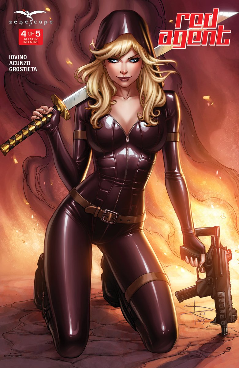 1girls 2015 avril_williams belt big_breasts black_bodysuit blonde_hair blue_eyes bodysuit breasts brown_belt busty cleavage comic_cover eye_contact eyeshadow female female_only fire grimm_fairy_tales_zenescope gun holding_gun holding_sword holding_weapon katana kneeling large_breasts leg_band lipstick looking_at_viewer machine_gun makeup mascara official_art pinup red_lips red_lipstick sabine_rich signature smile smiling smoke solo submachine_gun sword text unzipped_bodysuit zenescope zipper_pull_tab