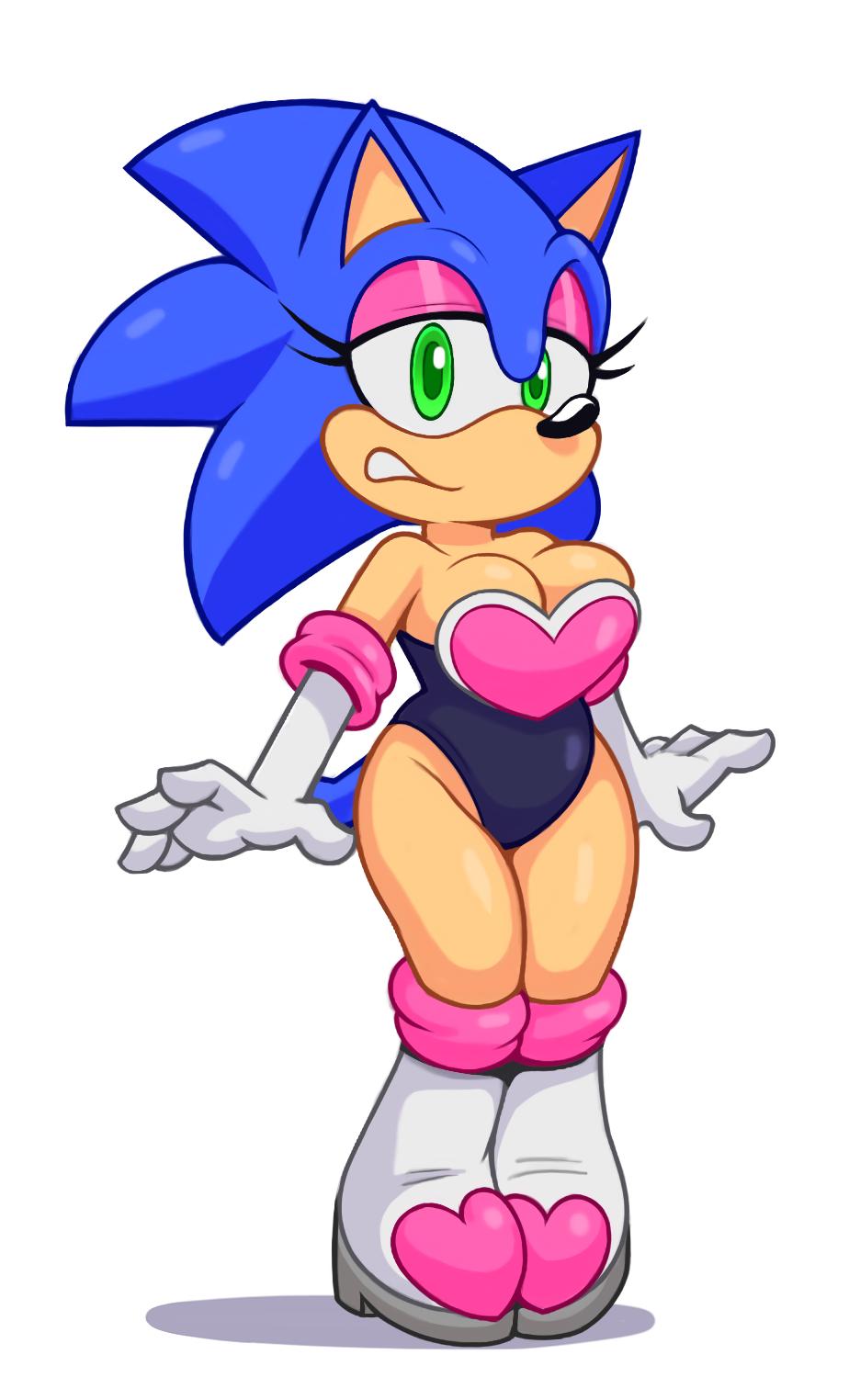 1girls, acstlu, blue fur, blue hair, cleavage, cosplay, eyelashes, eyeshadow, female, female only, fusion, genderswap, genderswap (mtf), green eyes, hedgehog, leotard, rouge the bat (cosplay), rule 63, sega, solo, sonic (series), sonic the hedgehog, sonique the hedgehog, white background