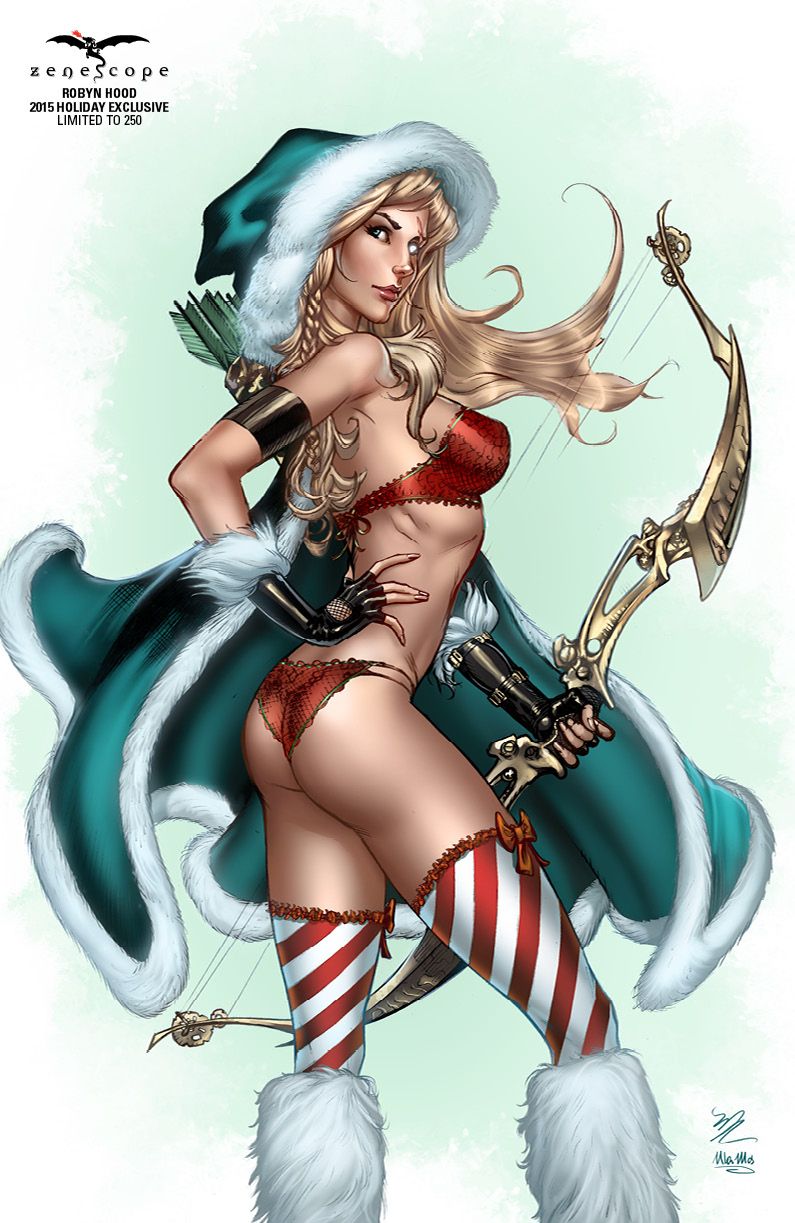 1girls arrow arrows ass black_gloves blonde_hair blue_eyes bow bra braid breasts cape christmas comic_cover female female_only fingerless_gloves fur_trim gloves green_cape green_hood grimm_fairy_tales_zenescope holding_bow holding_weapon hood lipstick long_hair looking_back michael_dooney official_art panties pinup quiver red_bra red_lips red_lipstick red_panties red_thong robin_hood robyn_hood robyn_locksley solo stockings text thighs thong ula_mos weapon zenescope