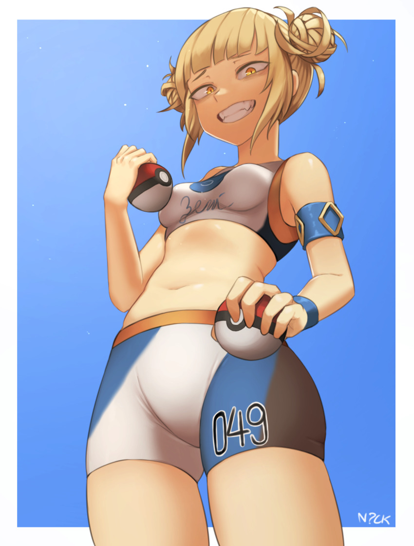 1girls, abs, alternate costume, bare shoulders, blonde hair, blonde-haired female, blue background, bracelet, breasts, clothed, cosplay, crossover, double bun, eye contact, female, female only, fit, game freak, gem, grin, half-closed eyes, himiko toga, impossible clothes, jewelry, looking at viewer, looking down, midriff, minishorts, my hero academia, navel, nessa (pokemon), nintendo, nyxkz, poke ball, pokemon, pokemon ss, short hair, shorts, skin tight, small breasts, smile, solo, source request, stomach, tank top, teeth, text, thick thighs, thigh gap, watermark, white border