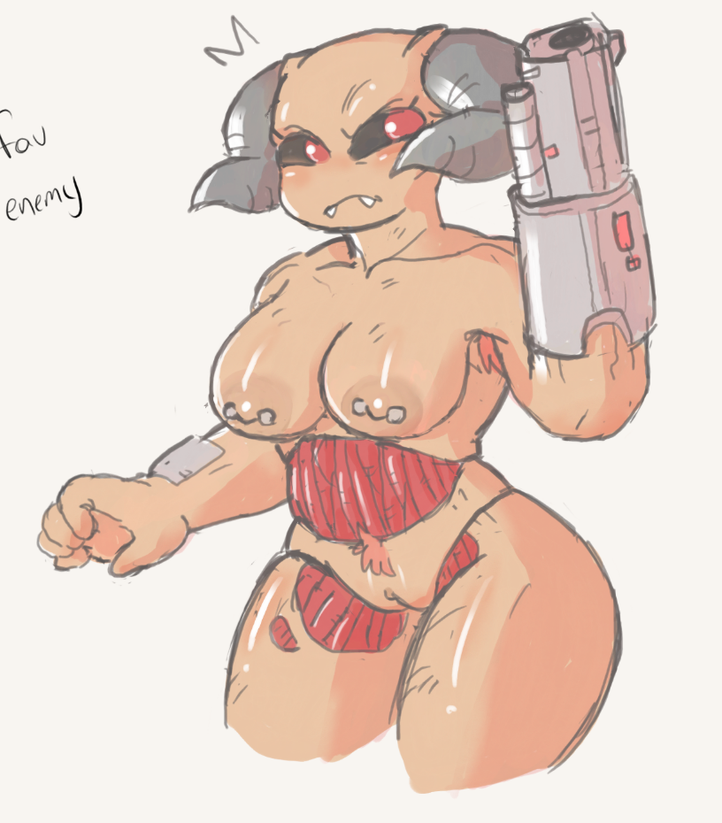 1girls 2019 anthro appl breasts doom eye_contact female female_only gun half-closed_eyes horn humanoid looking_at_viewer nipple_piercing nipples piercing pubic_hair pussy ranged_weapon sketch solo thick_thighs tyrant_(doom) video_games weapon wide_hips