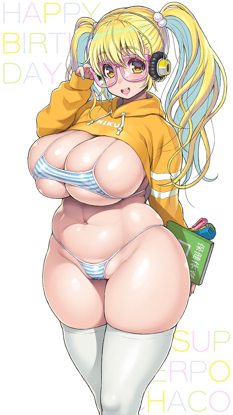 1girls belly bikini blonde_hair blue_nails book breasts chubby cleavage curvy english_text female female_focus female_only g-string glasses headphones hoodie huge_breasts long_hair looking_at_viewer micro_bikini nail_polish navel nitroplus open_mouth plump ponytail skindentation smile solo solo_female striped_bikini super_pochaco swimsuit teeth text thick_thighs thighhighs thighs thong tied_hair tongue tsuji_santa twintails voluptuous wide_hips yellow_eyes