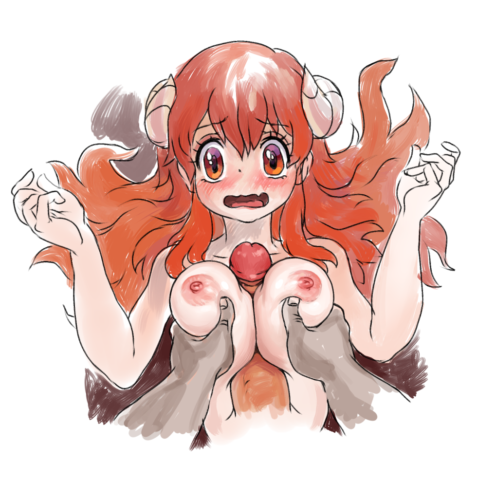 1boy artist_request blush breast_grab breasts brown_eyes brown_hair collarbone demon_girl demon_horns embarrassed eyebrows_visible_through_hair female grabbing horns j.c._staff large_breasts long_hair looking_at_viewer machikado_mazoku male manga_time_kirara_carat nipples open_mouth paizuri penis shiny shiny_hair simple_background skindentation source_request straight tongue wavy_mouth year_request yoshida_yuuko_(machikado_mazoku)