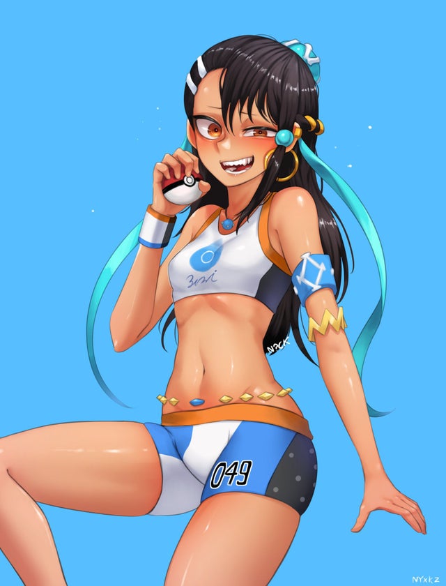 1girls abs alternate_costume armpits black_hair blue_theme bracelet breasts clothed cosplay crossover earrings eye_contact female game_freak gem gym_leader_(cosplay) hair_ornament hayase_nagatoro impossible_clothes jewelry long_hair looking_at_viewer minishorts navel nessa_(pokemon)_(cosplay) nintendo nyxkz please_don't_bully_me,_nagatoro pokemon pokemon_ss ribs shorts skin_tight small_breasts smile solo stomach tank_top teeth thick_thighs thigh_gap watermark